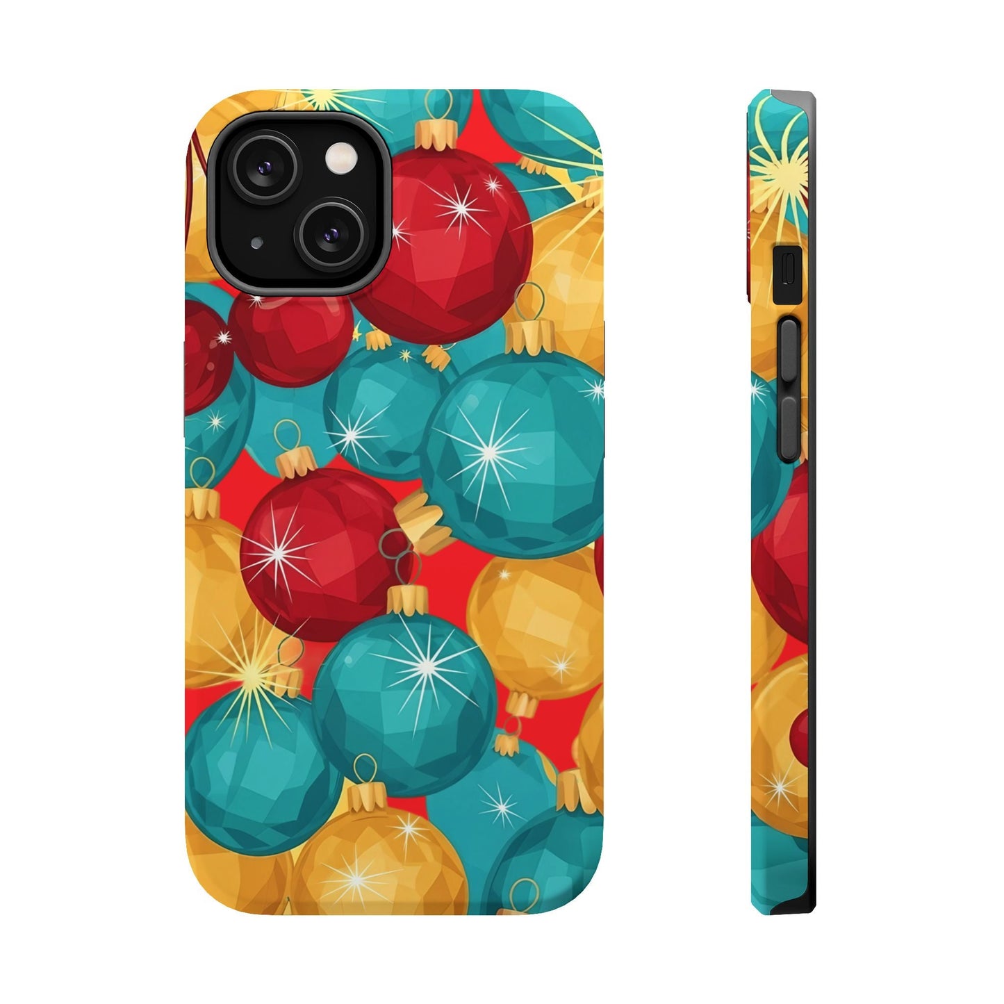 iPhone case with colorful Christmas Tree Sparkle Bulbs design in red, teal, and gold for festive holiday protection