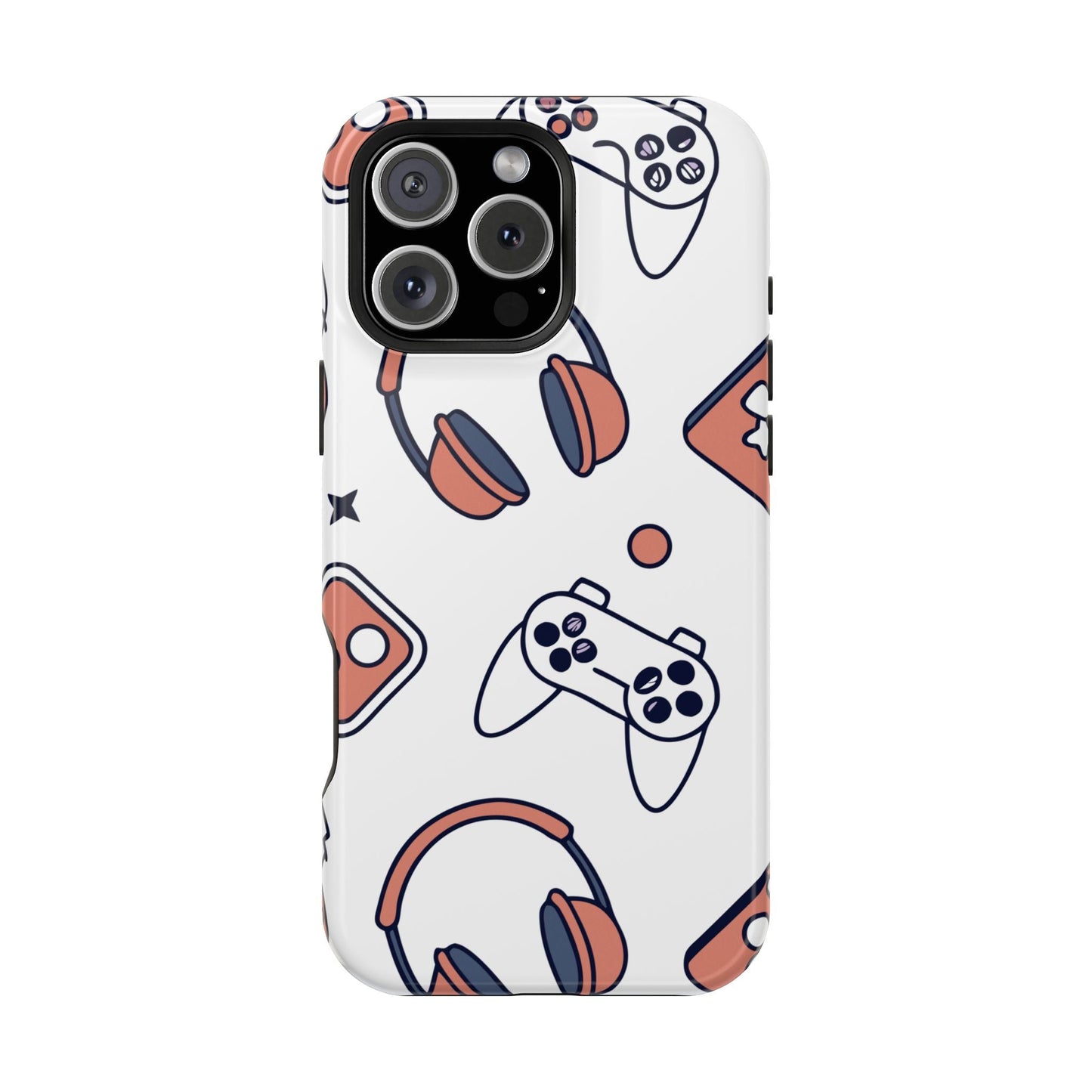 Gamer iPhone tough case with gaming controller and headset pattern, durable dual-layer protection, compatible with MagSafe accessories