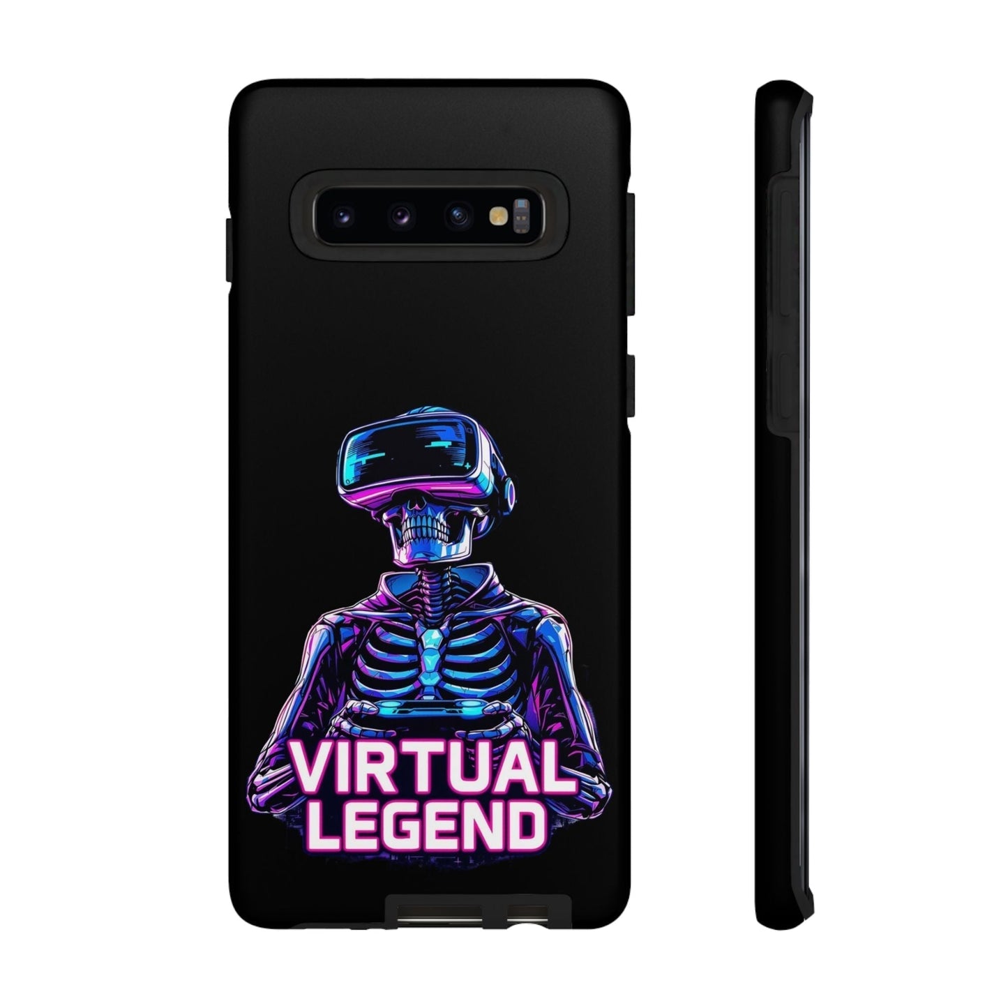 Black shockproof phone case with colorful skeleton wearing VR headset and "Virtual Legend" text for Samsung phones