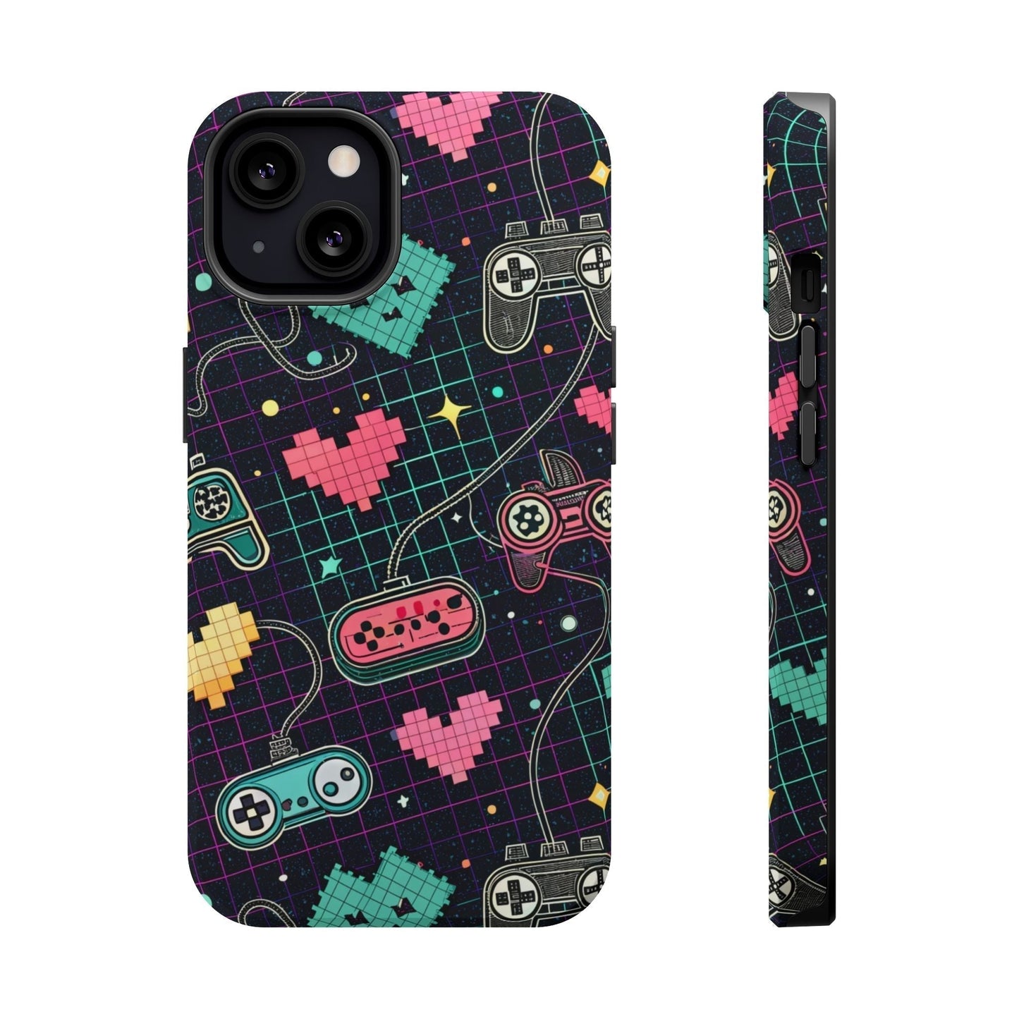Retro Gamer Inspired dual-layer iPhone case with arcade controller and pixel heart design, MagSafe compatible.