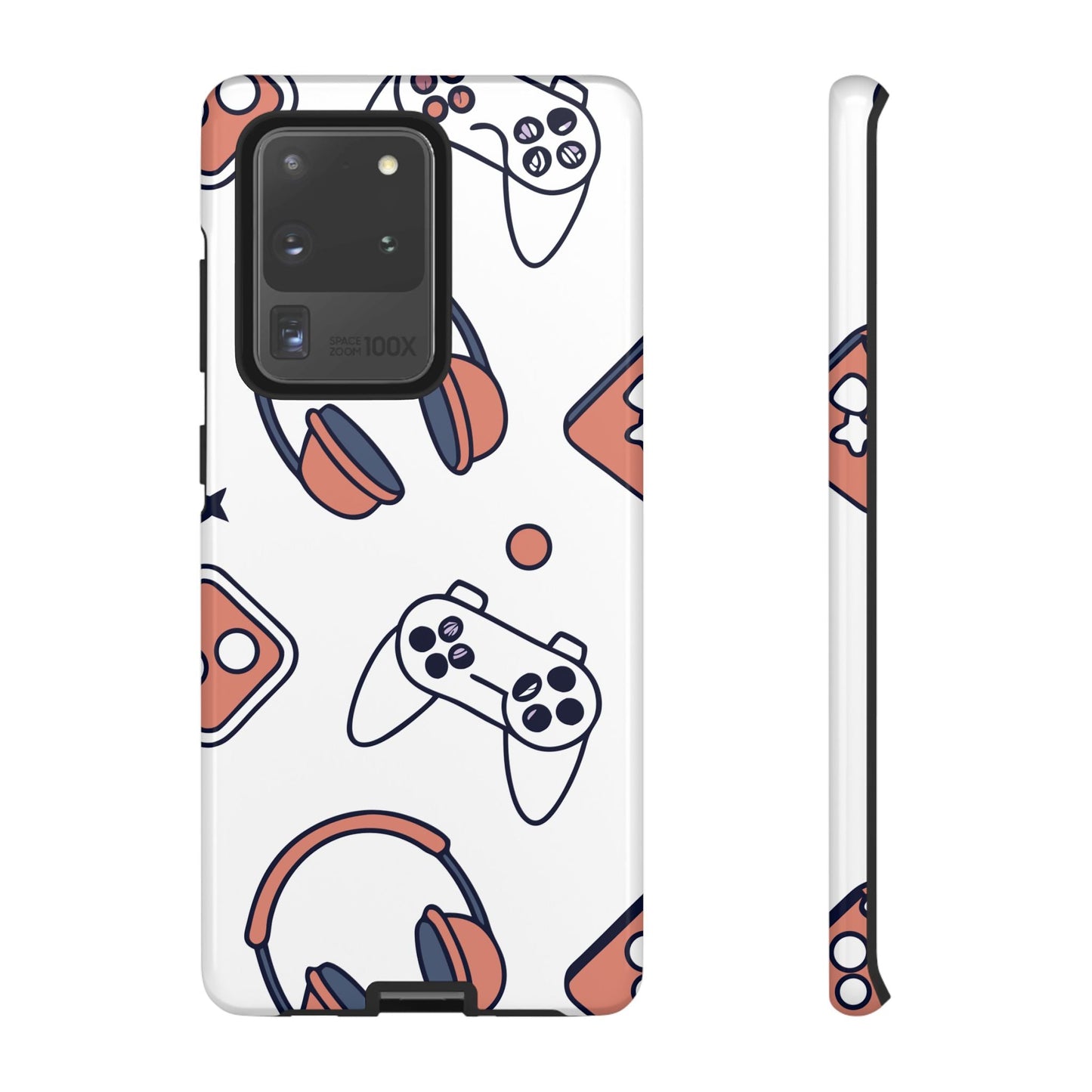 Gamer tough phone case for Samsung with playful gaming controller and headset design, durable impact-resistant protection.