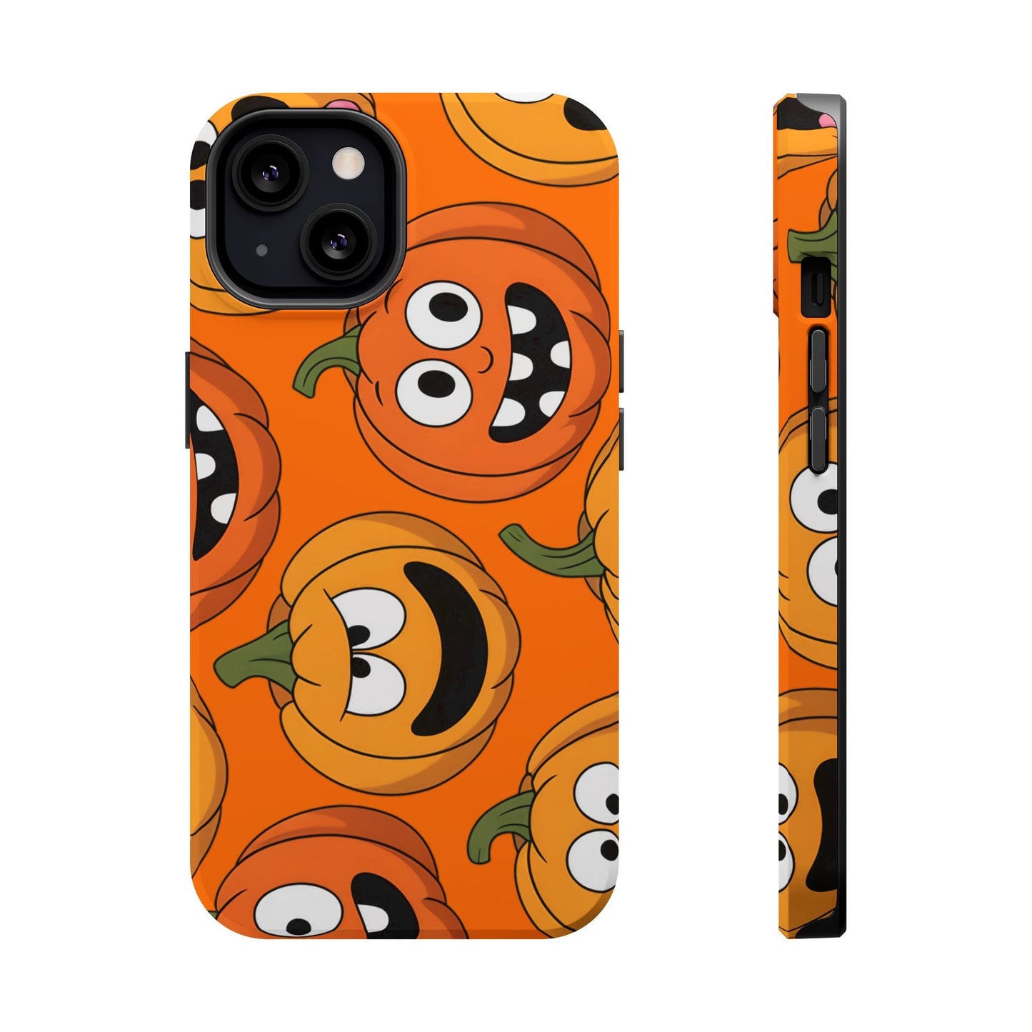 iPhone case with Moody Pumpkins Design featuring smiling orange pumpkins on a vibrant orange background, durable polycarbonate and TPU construction with MagSafe compatibility