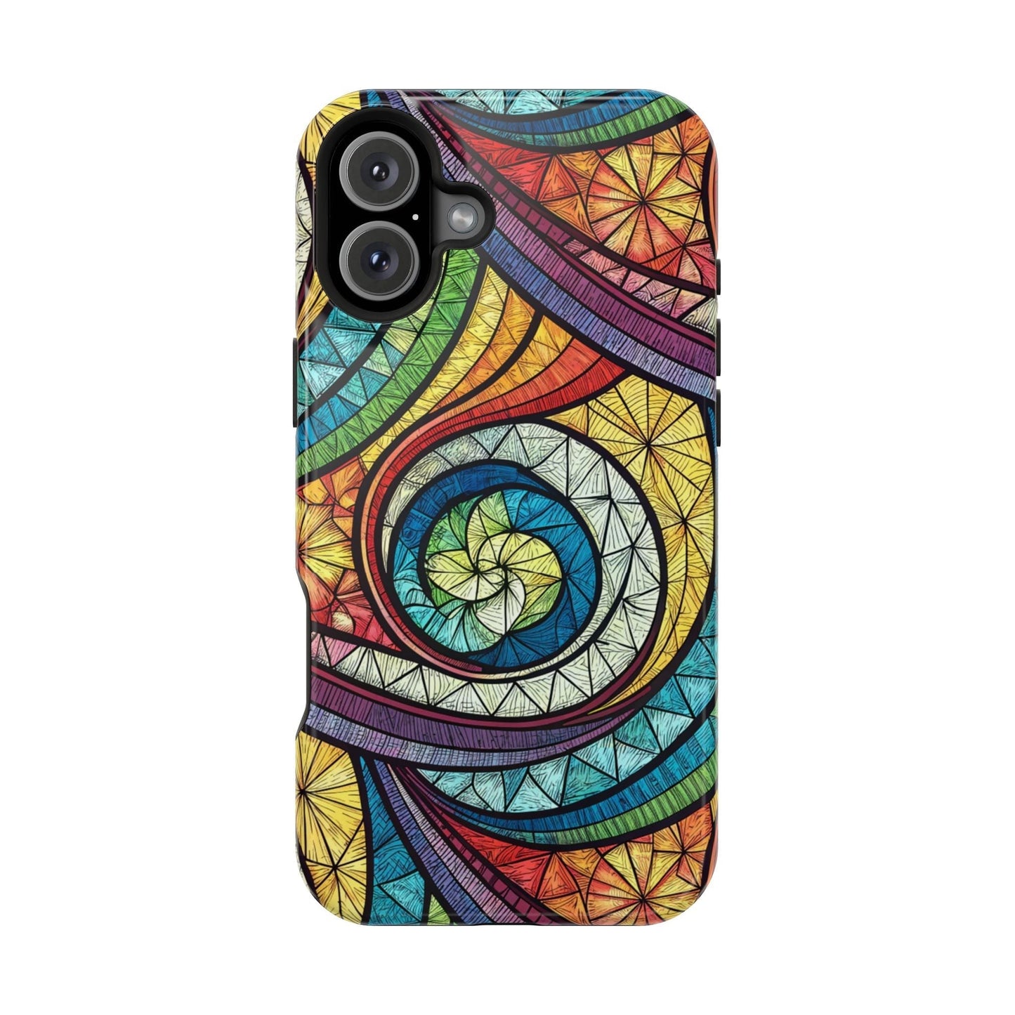 Stained glass inspired rainbow swirl design iPhone case with vibrant colors and durable protective build
