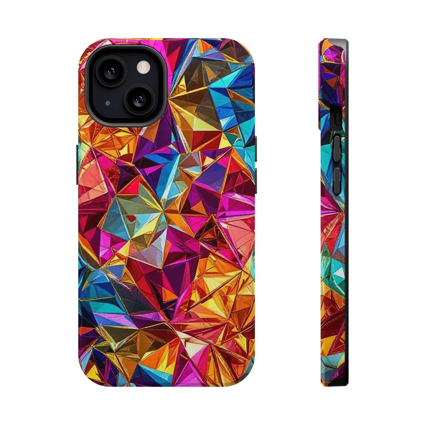 Colorful geometric rainbow foil iPhone tough case with embedded MagSafe magnet and glossy finish.