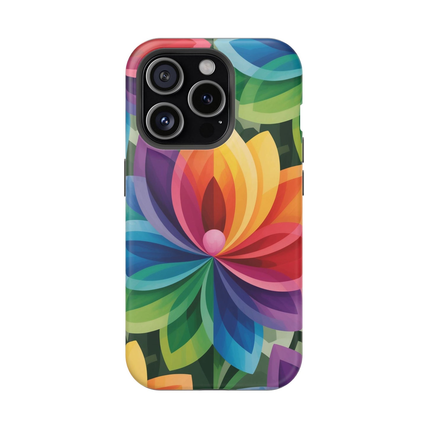 Rainbow Flower iPhone Case with vibrant colorful floral design and MagSafe compatibility