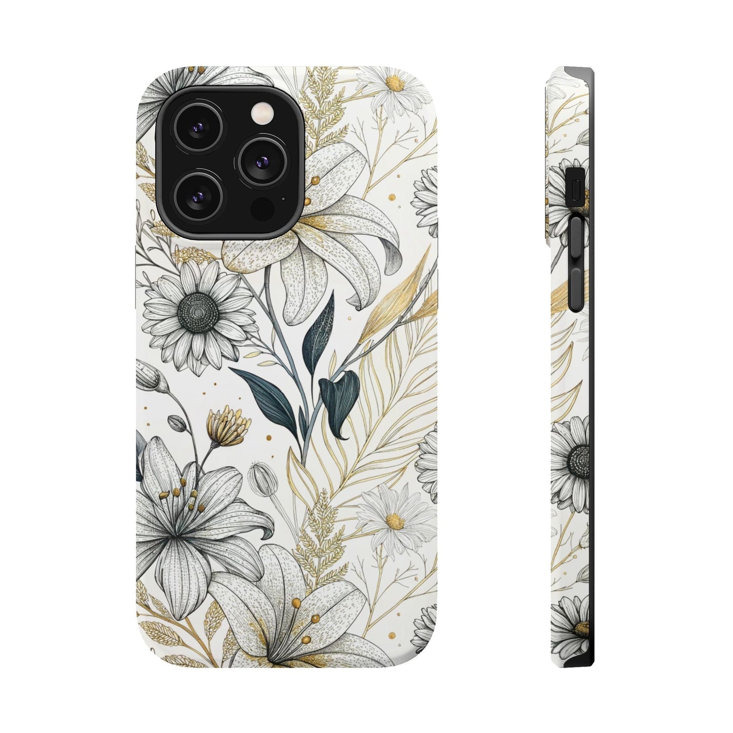 Minimalist iPhone case with golden leaf flower design, durable dual-layer protection, and MagSafe compatibility.
