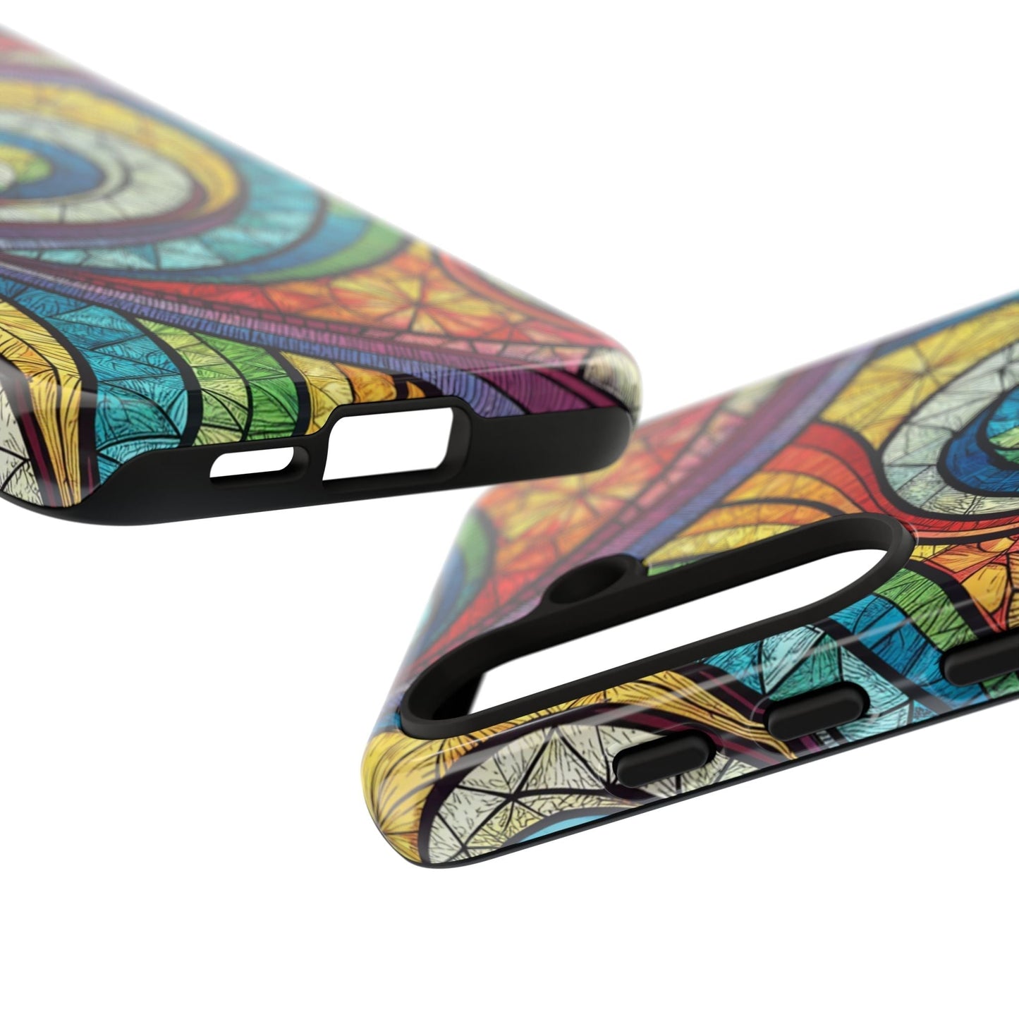 Samsung phone case with stained glass rainbow swirl design and durable protection
