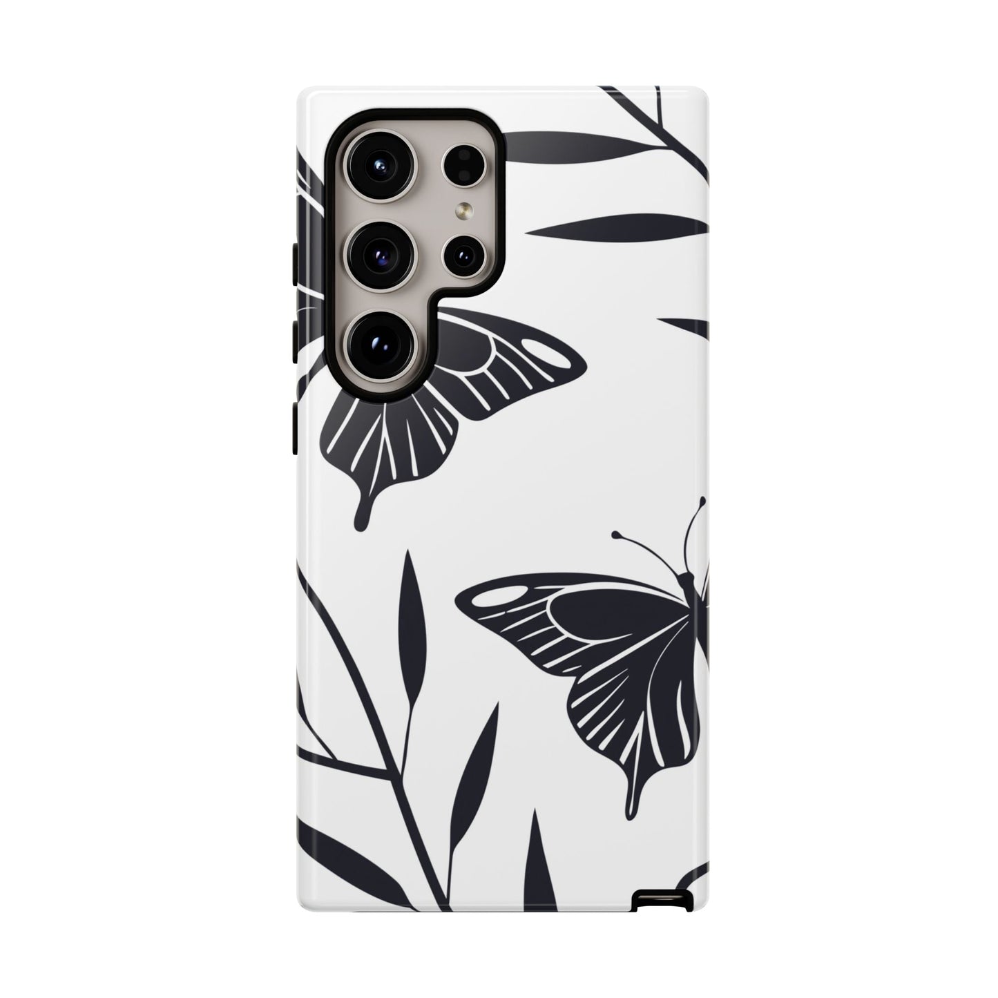 Minimalist black and white butterfly phone case for Samsung Galaxy with elegant 3D print and durable protection