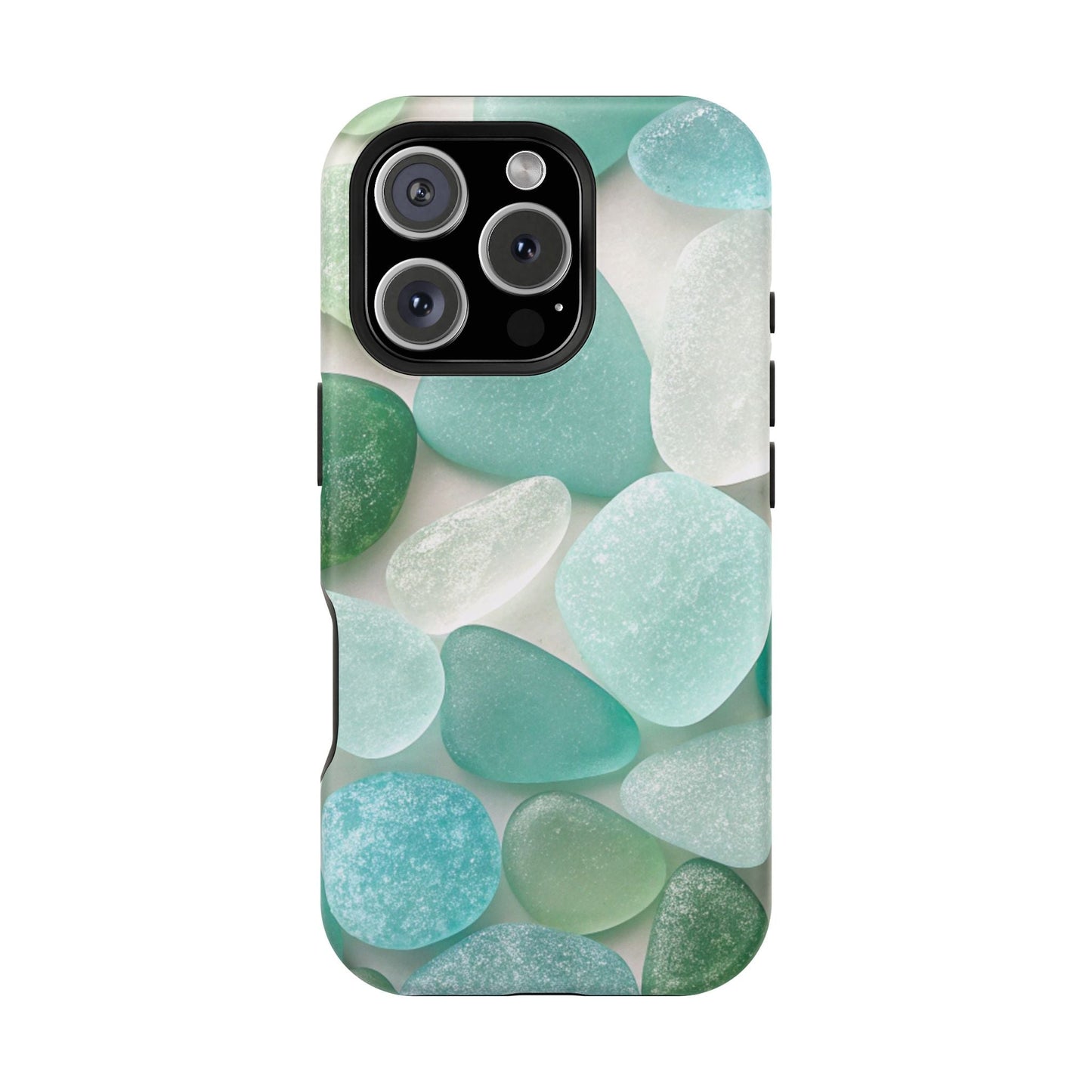 iPhone case with sea glass inspired design in calming blue and green tones, featuring durable dual-layer protection and MagSafe compatibility