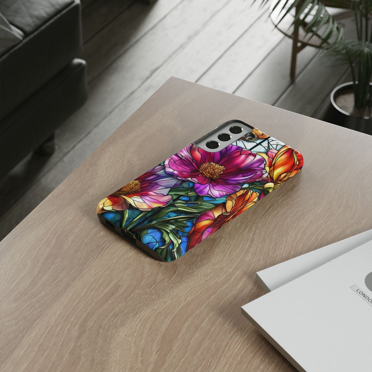 Samsung phone case with vibrant purple flower design, durable and impact-resistant, featuring 3D wrap and UV protection