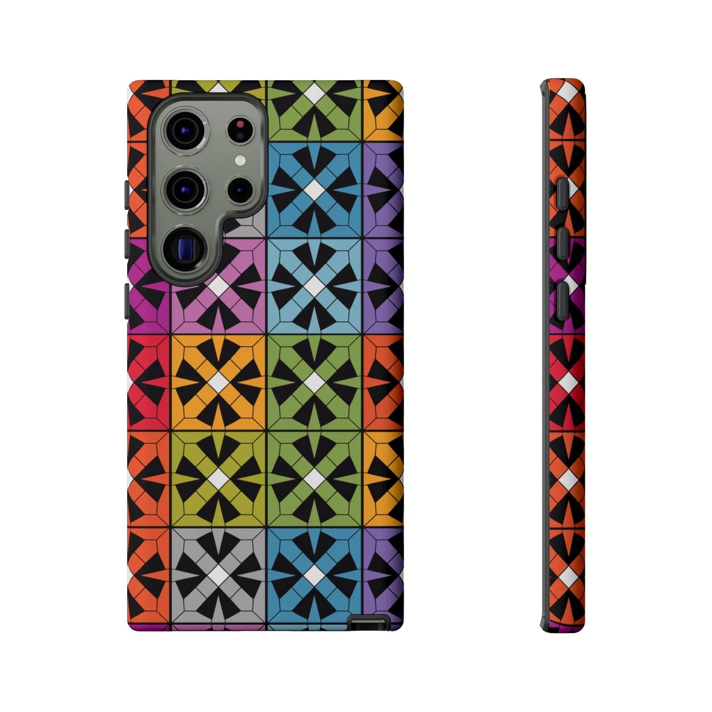 Samsung phone case with rainbow abstract square design, durable and shock-resistant protective cover with vibrant 3D print.