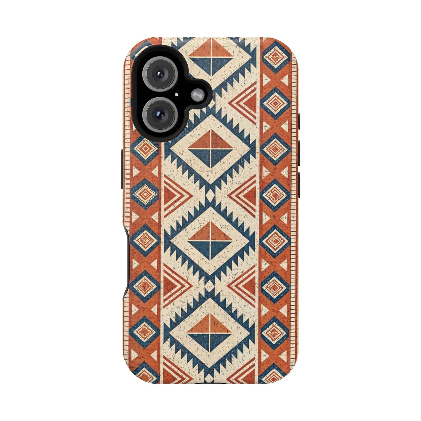 iPhone case with tribal inspired pattern in red, blue, and beige, dual-layer tough protective design with MagSafe magnet