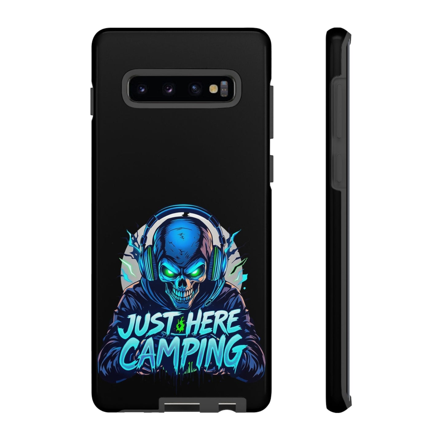 Samsung Tough Case for gaming enthusiasts with "Just Here Camping" skull design, durable protective cover for Samsung Galaxy models
