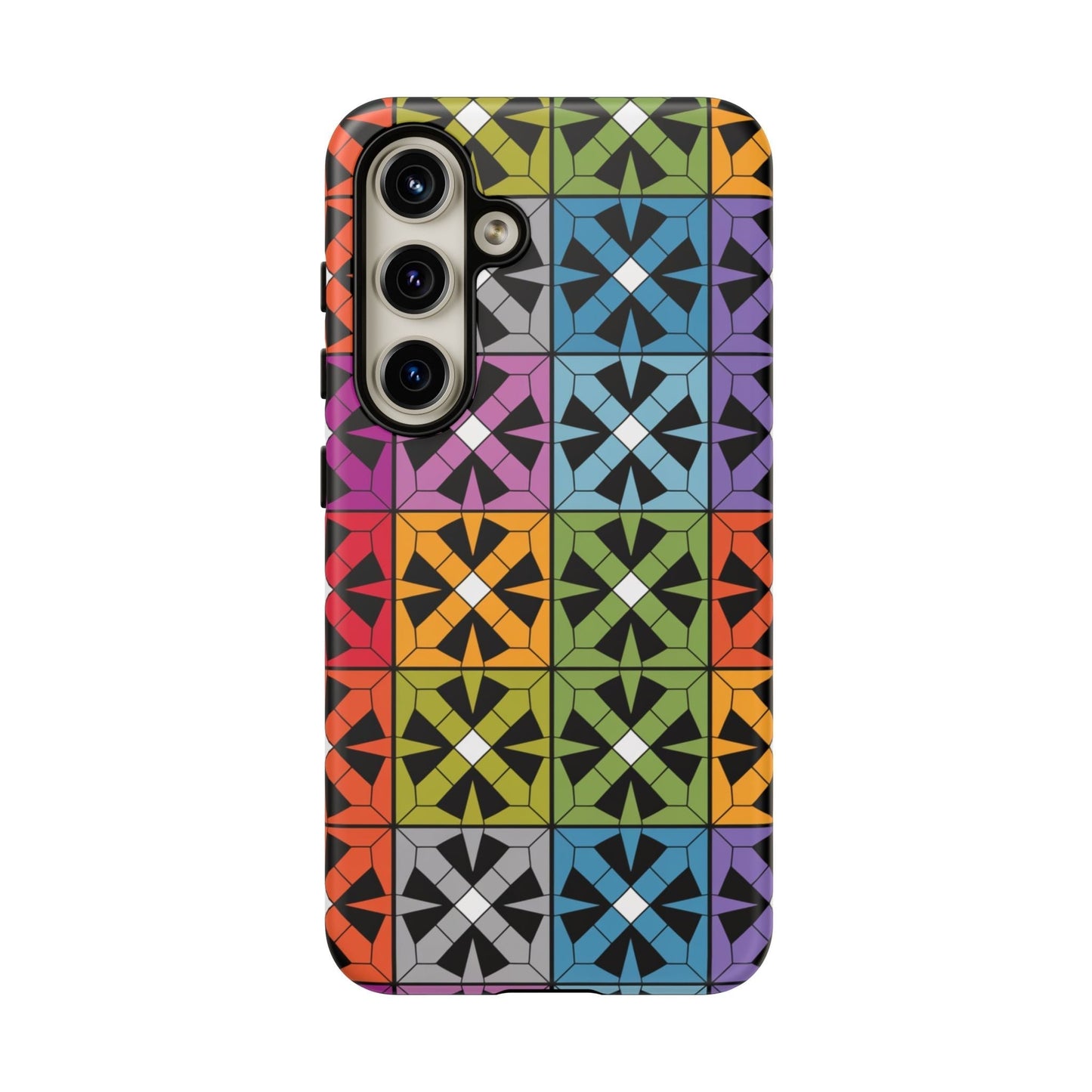 Samsung phone case with rainbow abstract square design, durable shock-absorbing protective cover with vibrant 3D print and UV resistance.