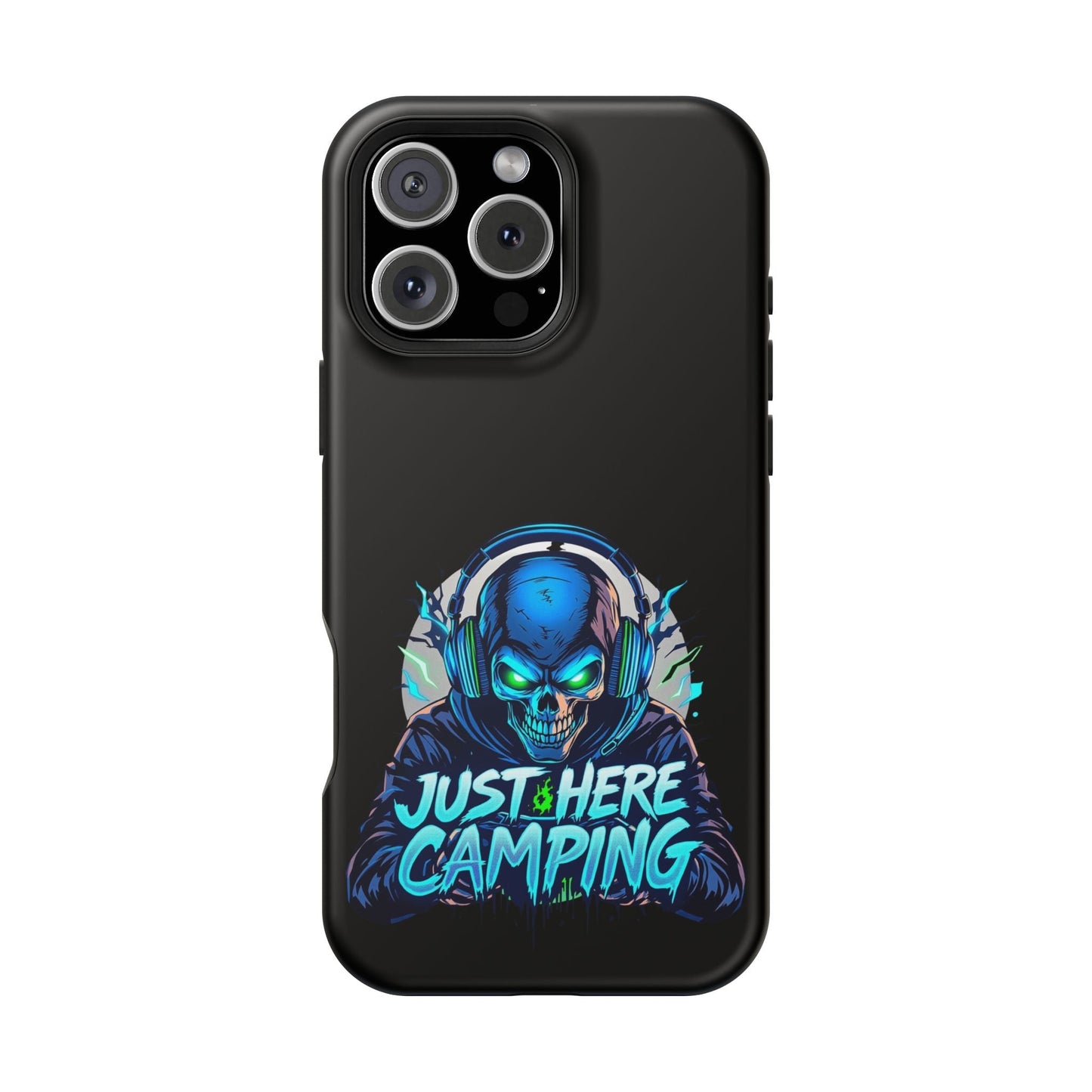 iPhone tough case with vibrant Just Here Camping Gamer skull design, protective dual-layer polycarbonate and TPU construction with MagSafe compatibility