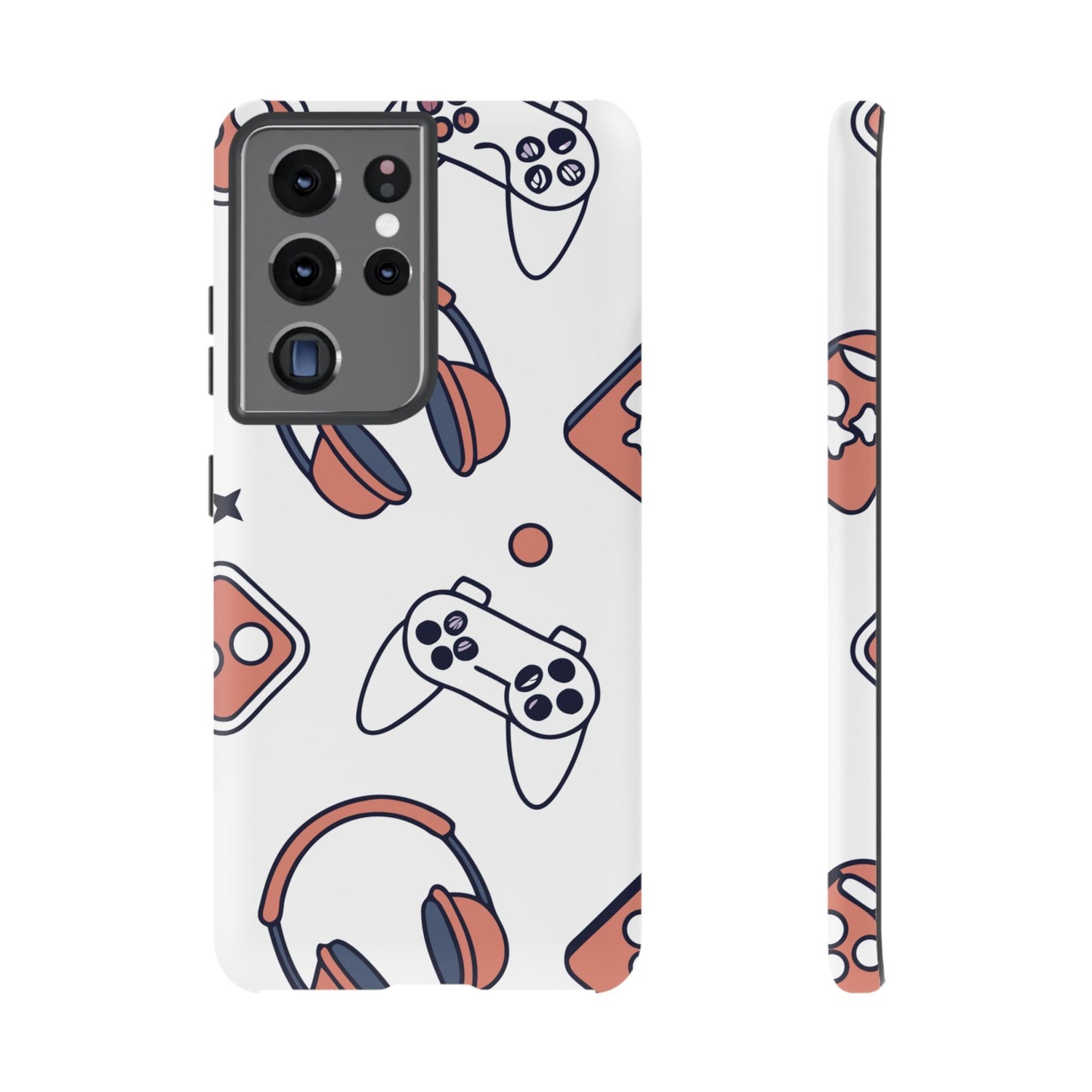 Durable Samsung phone case with gamer-themed design including controllers and headphones, offering impact protection and vibrant 3D print.
