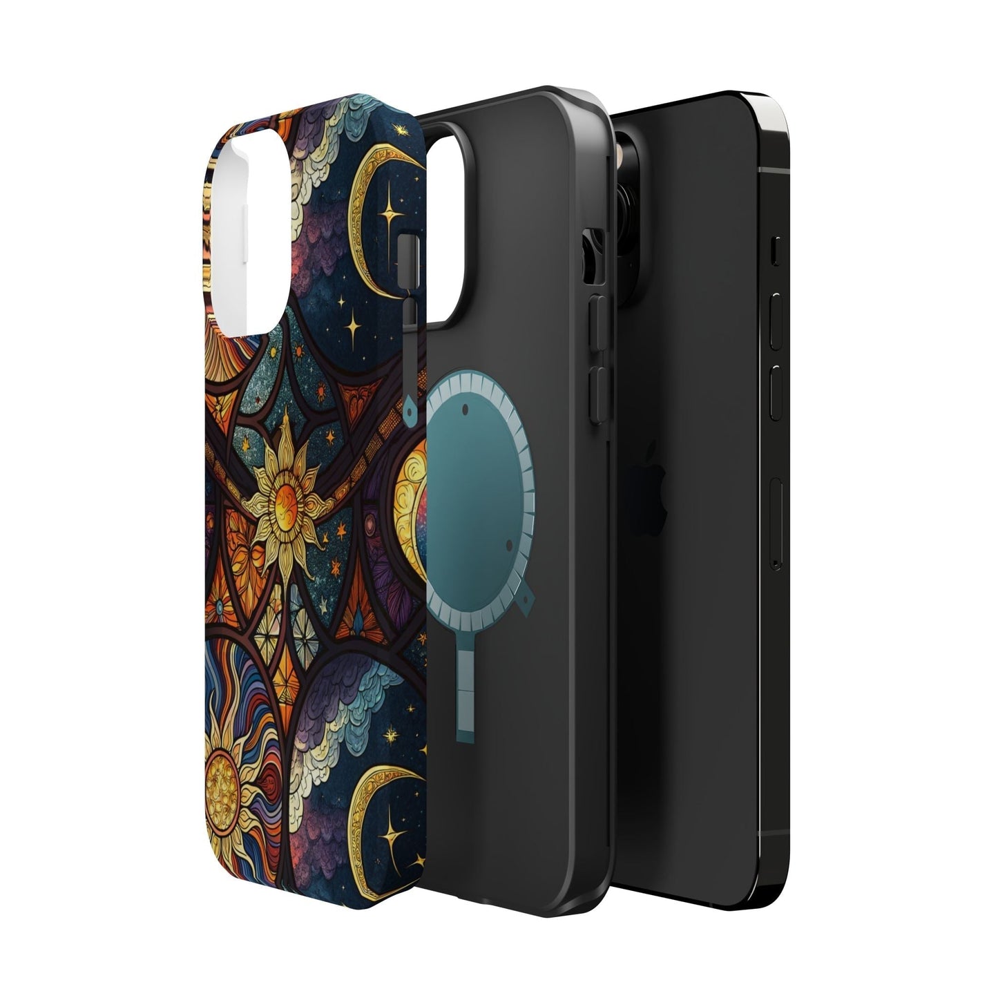 Sun and Moon tough dual-layer iPhone case with vibrant celestial design, MagSafe compatible, available in matte or glossy finish.