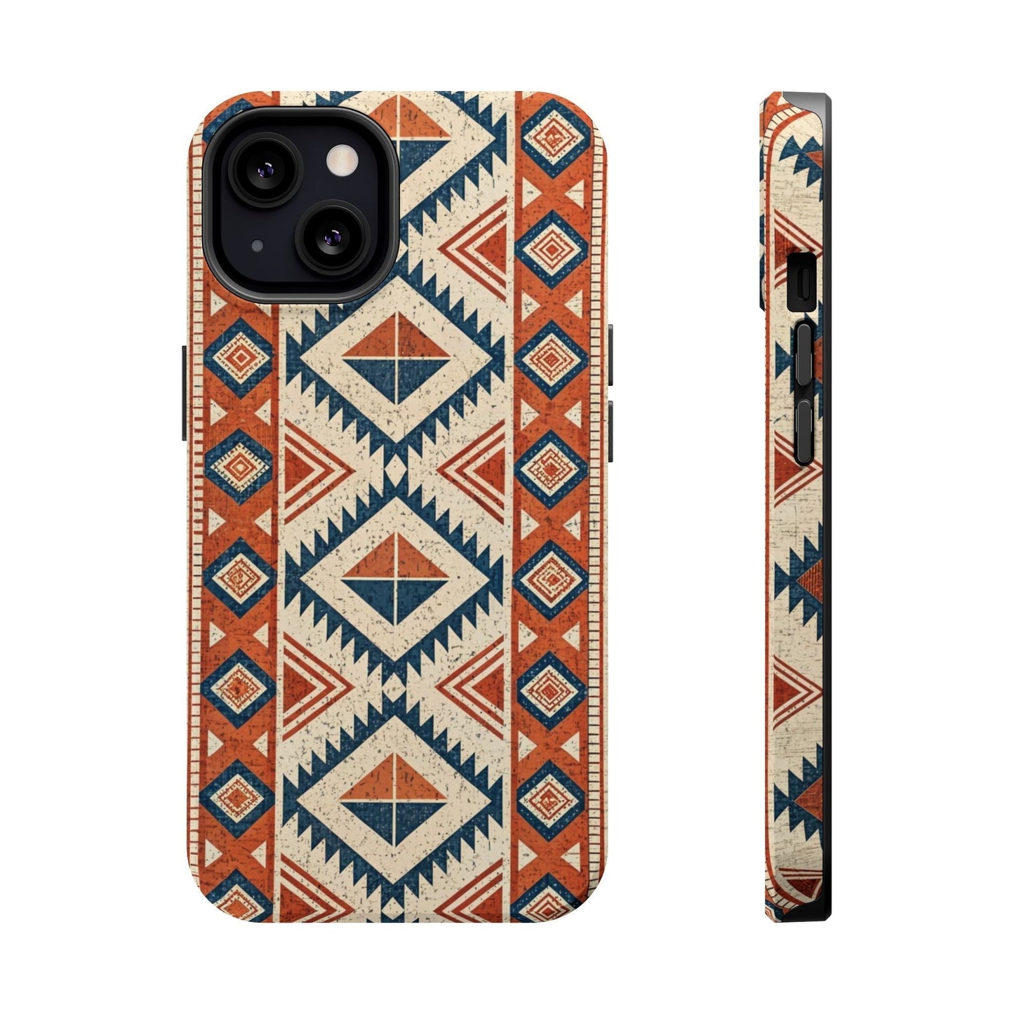 iPhone magnetic tough case with tribal inspired pattern in blue and orange geometric design