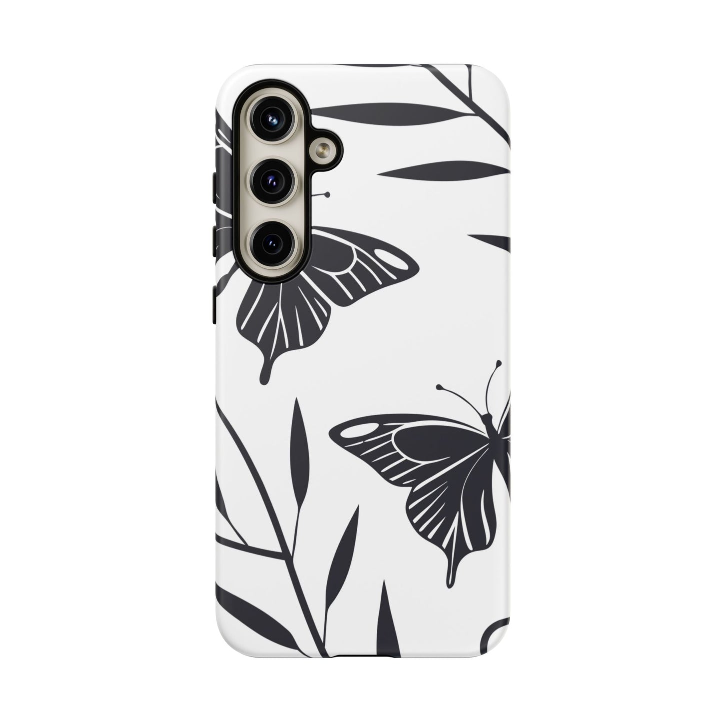 Minimalist black and white butterfly pattern Samsung phone case with elegant 3D design and protective cover