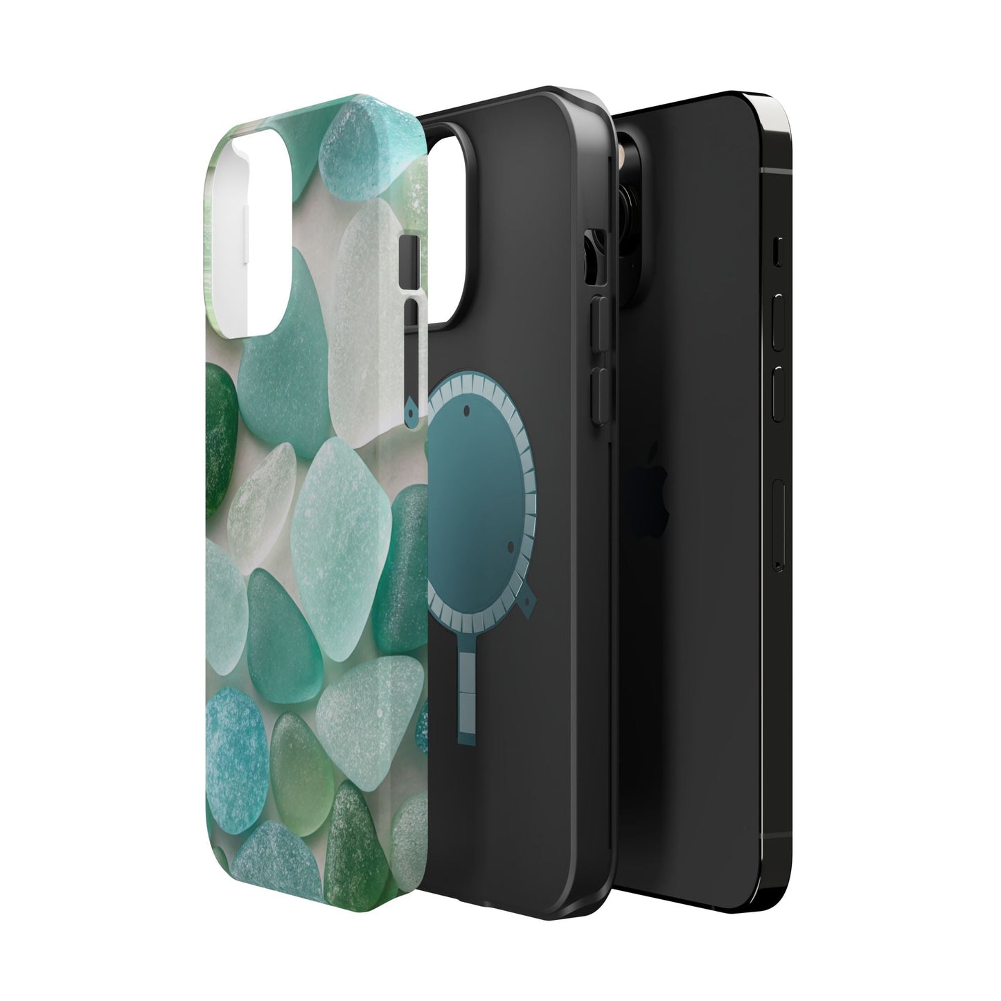 Sea glass inspired design iPhone case with durable dual-layer protection and built-in MagSafe magnet for coastal style and strong phone defense