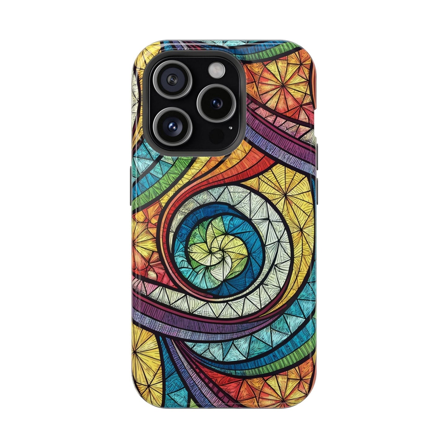 Stained glass inspired rainbow swirl iPhone case with durable polycarbonate and TPU protection, MagSafe compatible and vibrant artistic design.