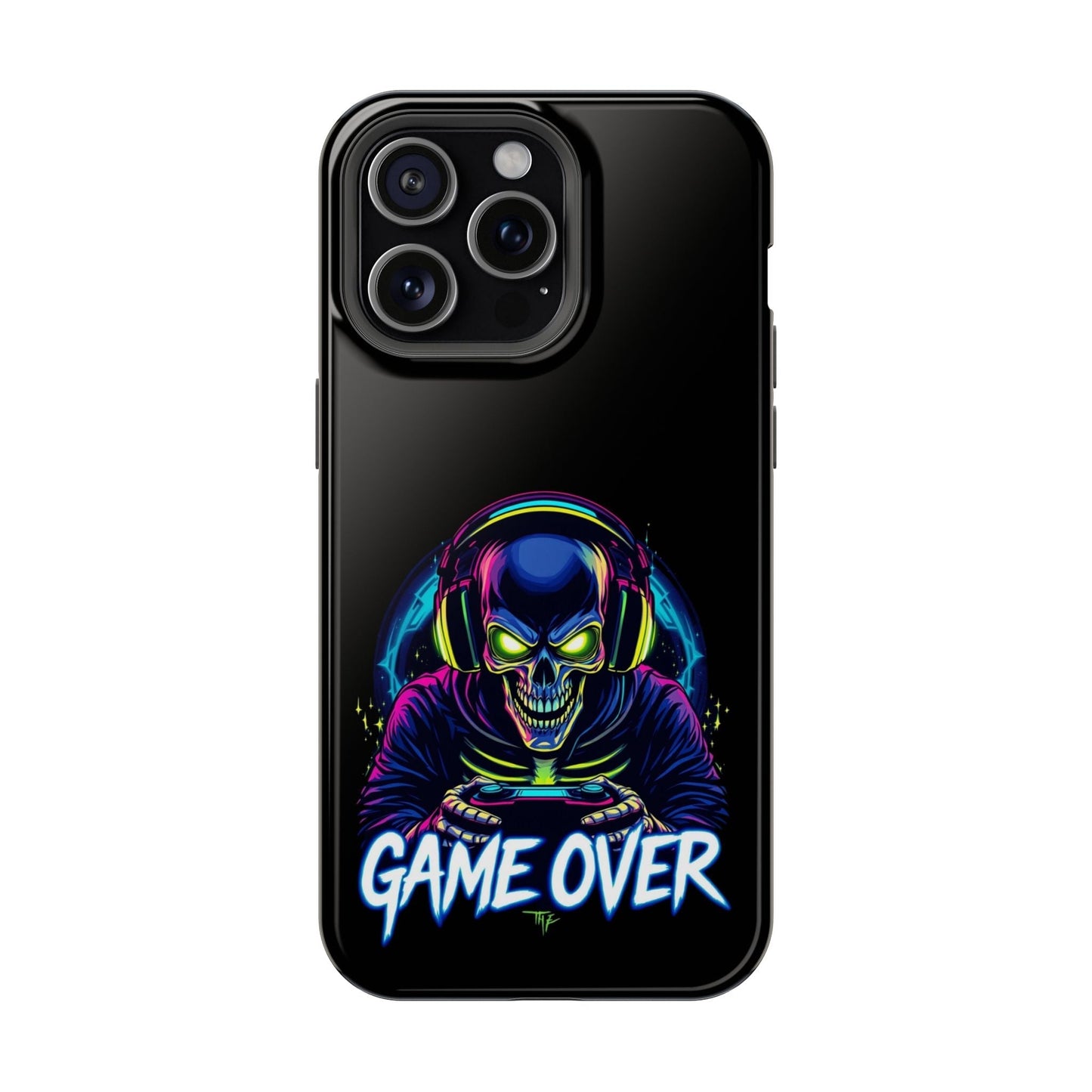 Game Over Gamer iPhone tough case with neon skull gamer design and MagSafe compatibility