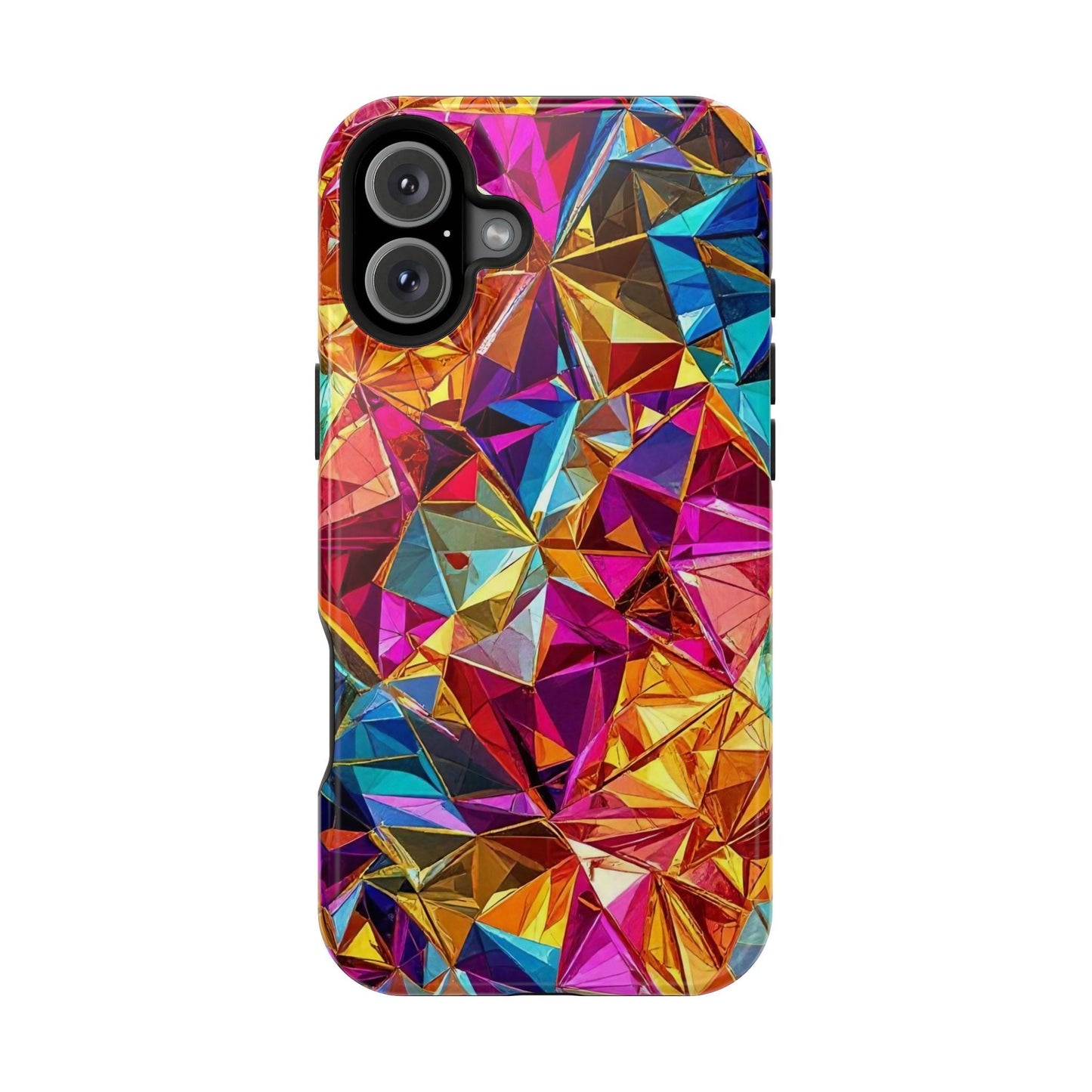Colorful geometric rainbow foil iPhone tough case with glossy finish and MagSafe compatibility.