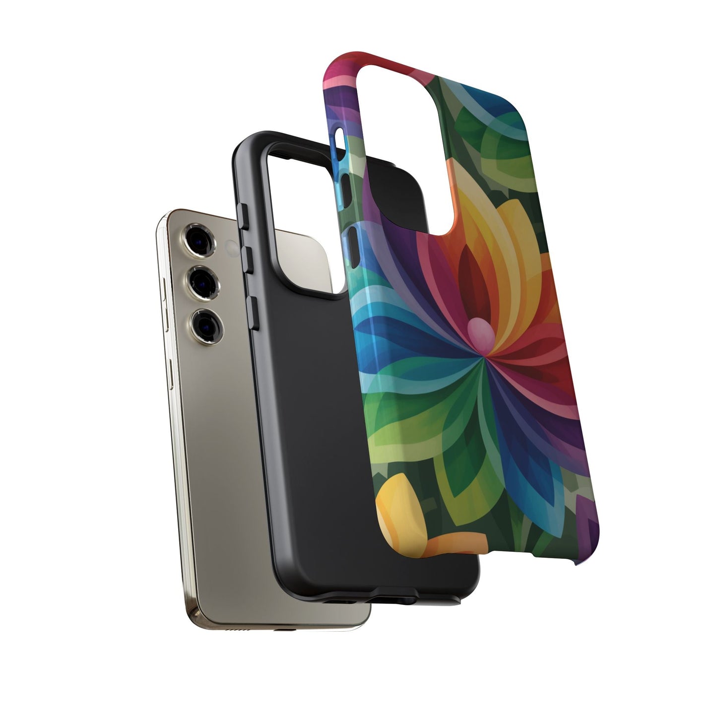 Samsung phone with colorful Rainbow Flower Phone Case featuring vibrant floral design and durable protective materials