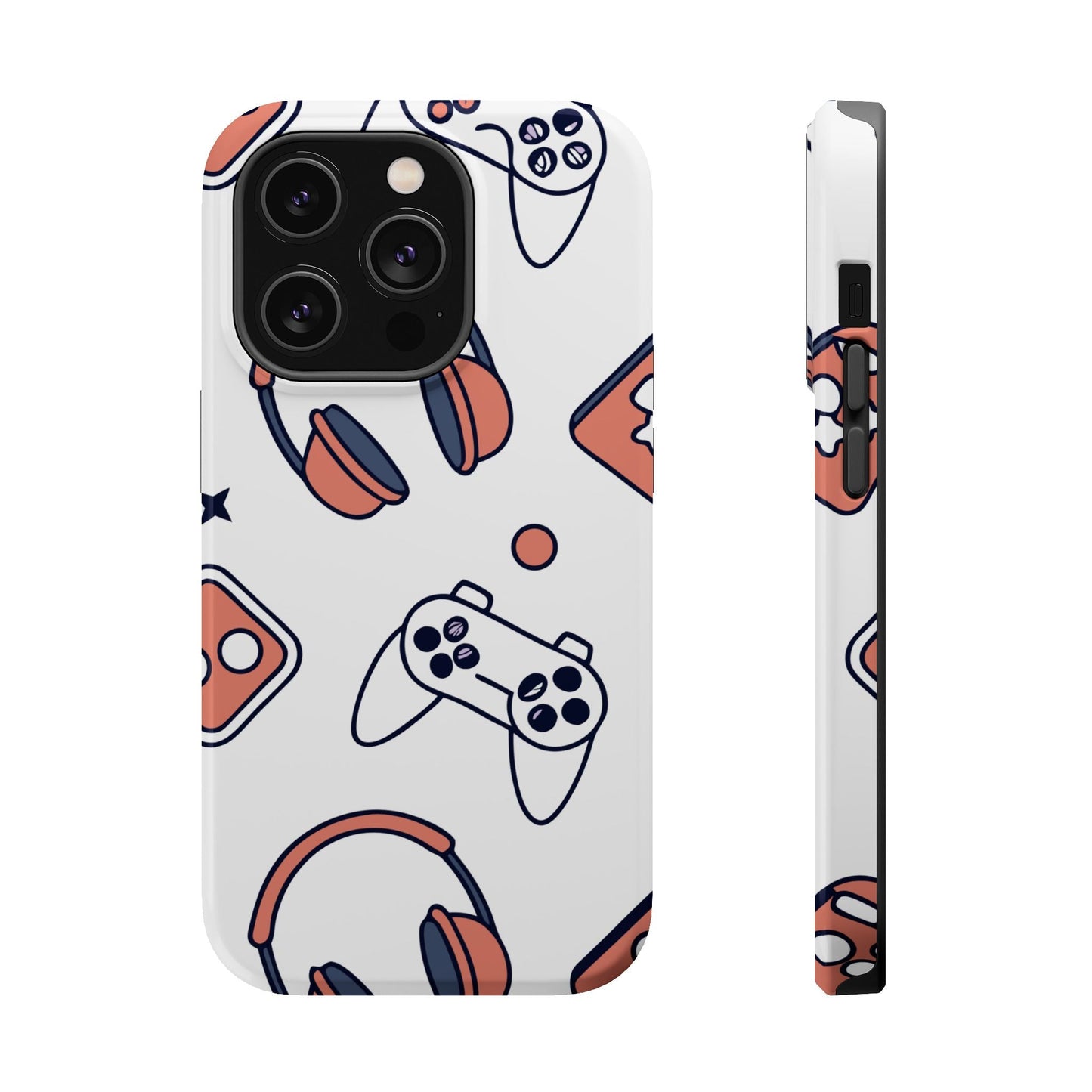 Gamer iPhone tough case with colorful gaming controller and headset design, durable polycarbonate and TPU protection, compatible with MagSafe accessories.