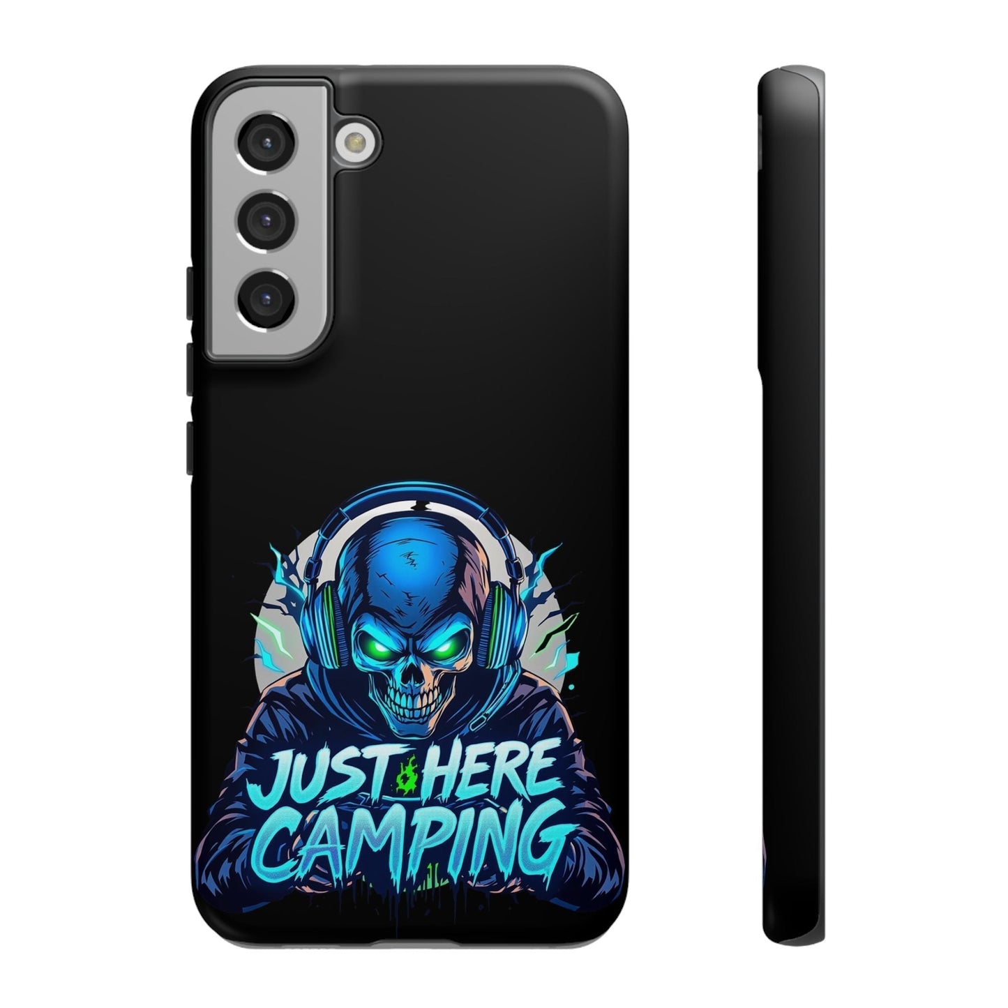Samsung Tough Case for gaming enthusiasts with vibrant "Just Here Camping" skull design and premium protection