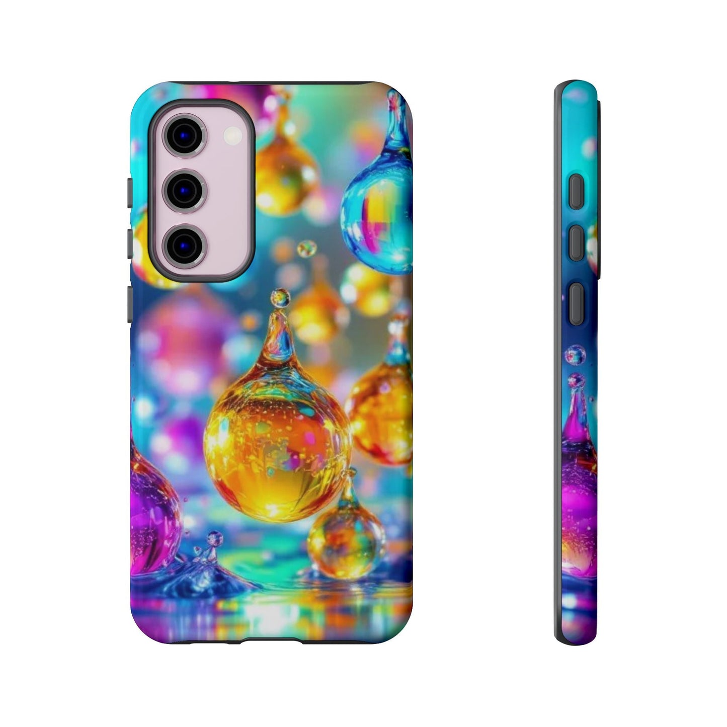Samsung phone case with vibrant 3D golden raindrop design, durable and shockproof protection