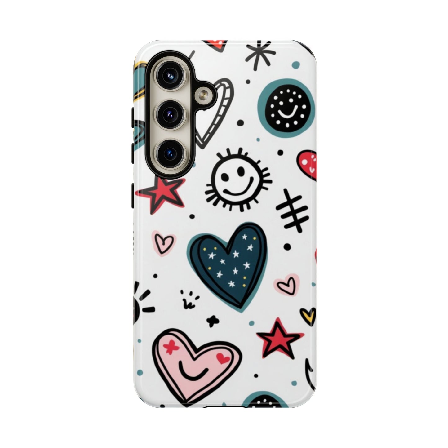Samsung Tough Phone Case with playful smiles and hearts design for durable protection