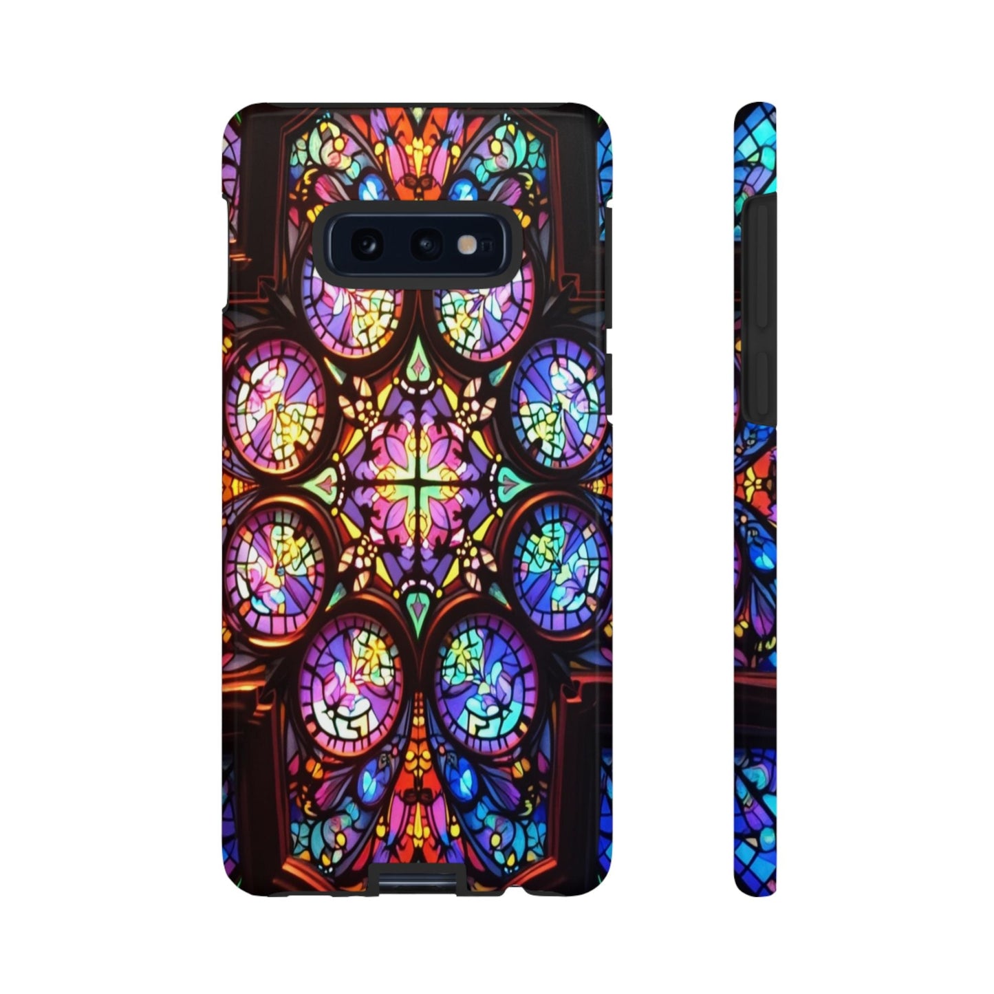 Samsung Galaxy phone case with colorful hypnotic stained glass design, durable and artistic protective cover
