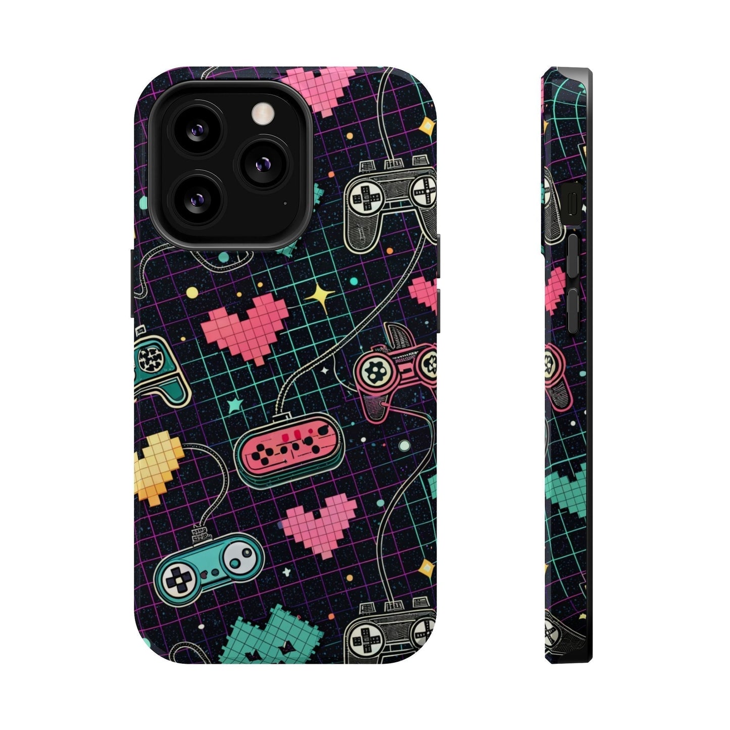 Retro Gamer Inspired durable dual-layer iPhone case with colorful pixelated gaming controller design and MagSafe compatibility