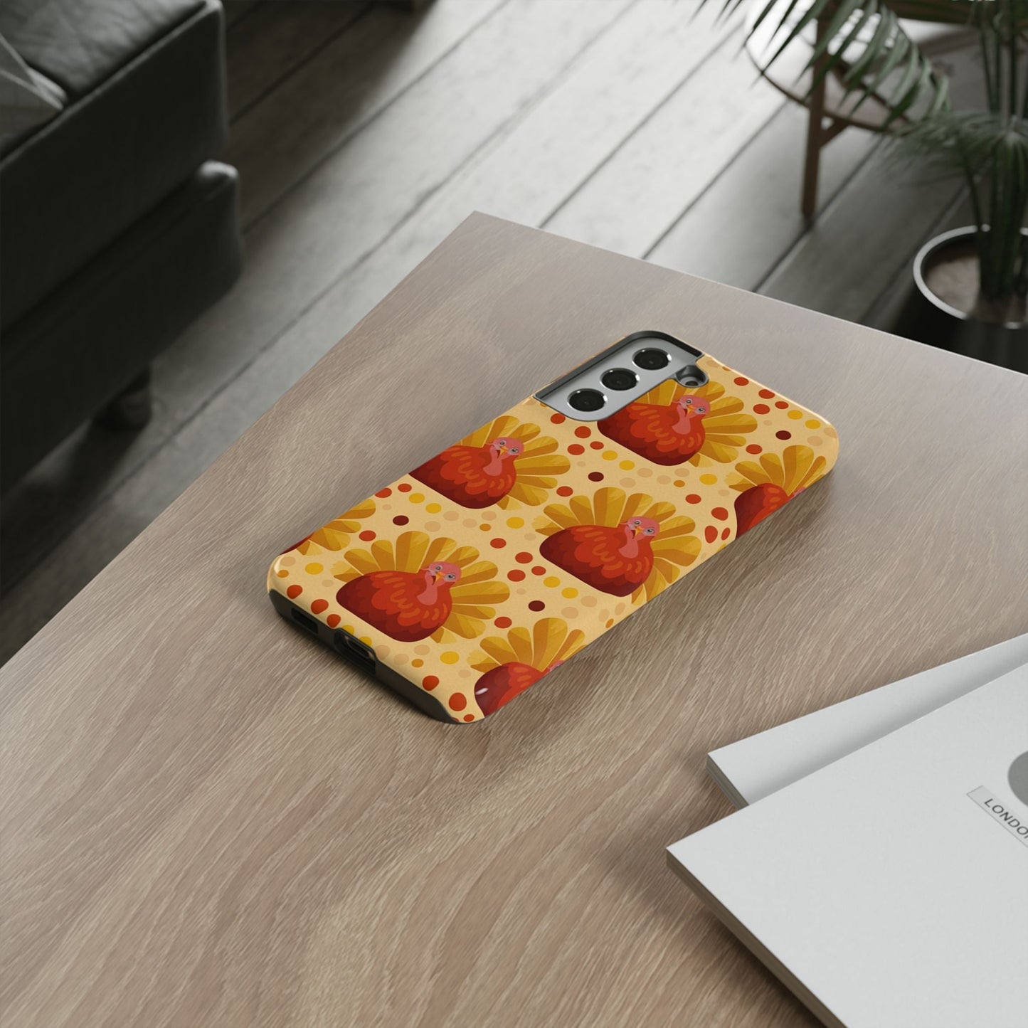 Turkey Samsung phone case with festive turkey design and durable protective layers on wooden table