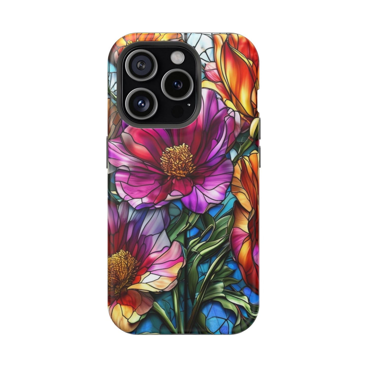 Vibrant purple flower iPhone case with durable polycarbonate, TPU liner, photo-realistic print, glossy or matte finish, MagSafe compatible protection