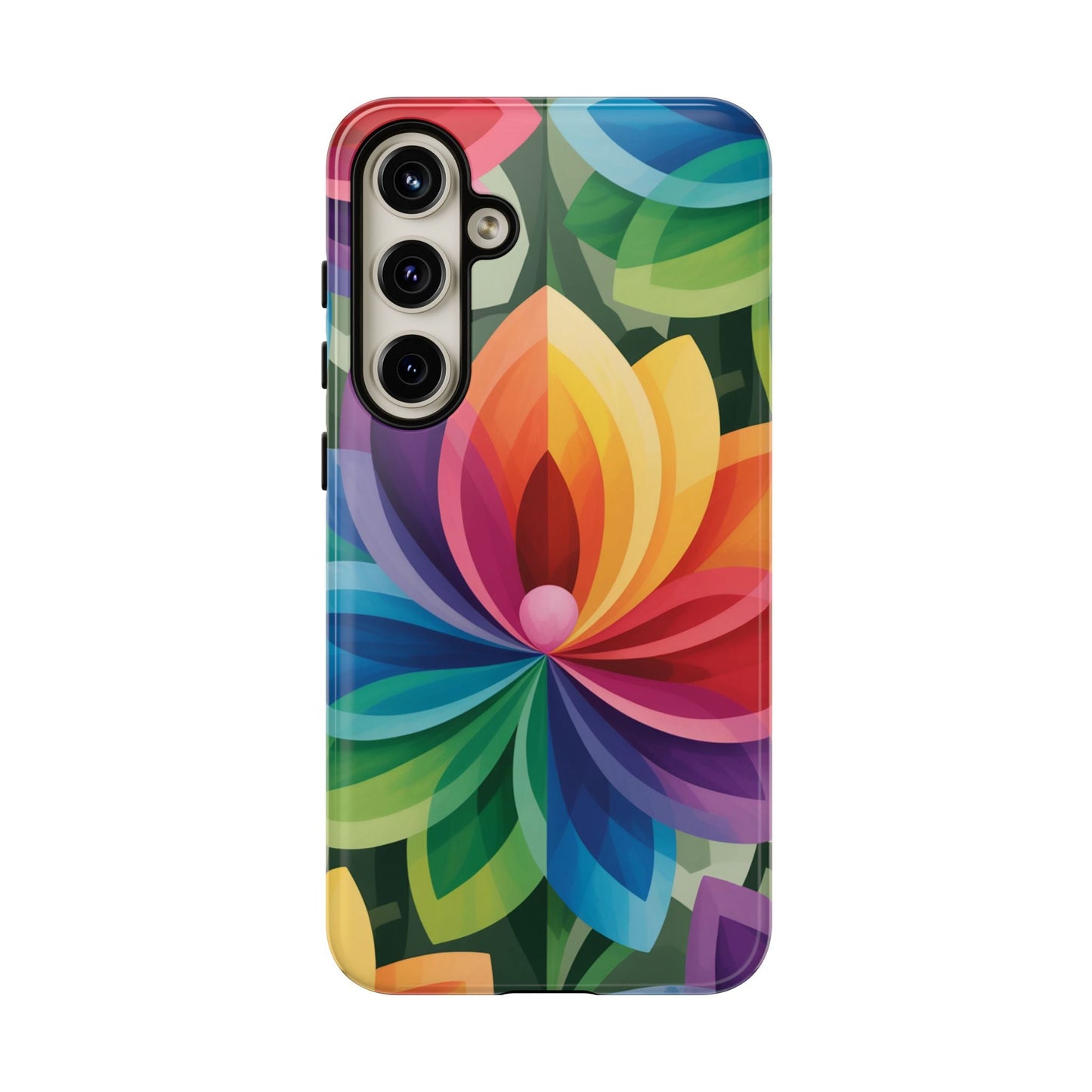 Samsung Tough Case with vibrant rainbow flower design, durable and impact-resistant protection for phone.