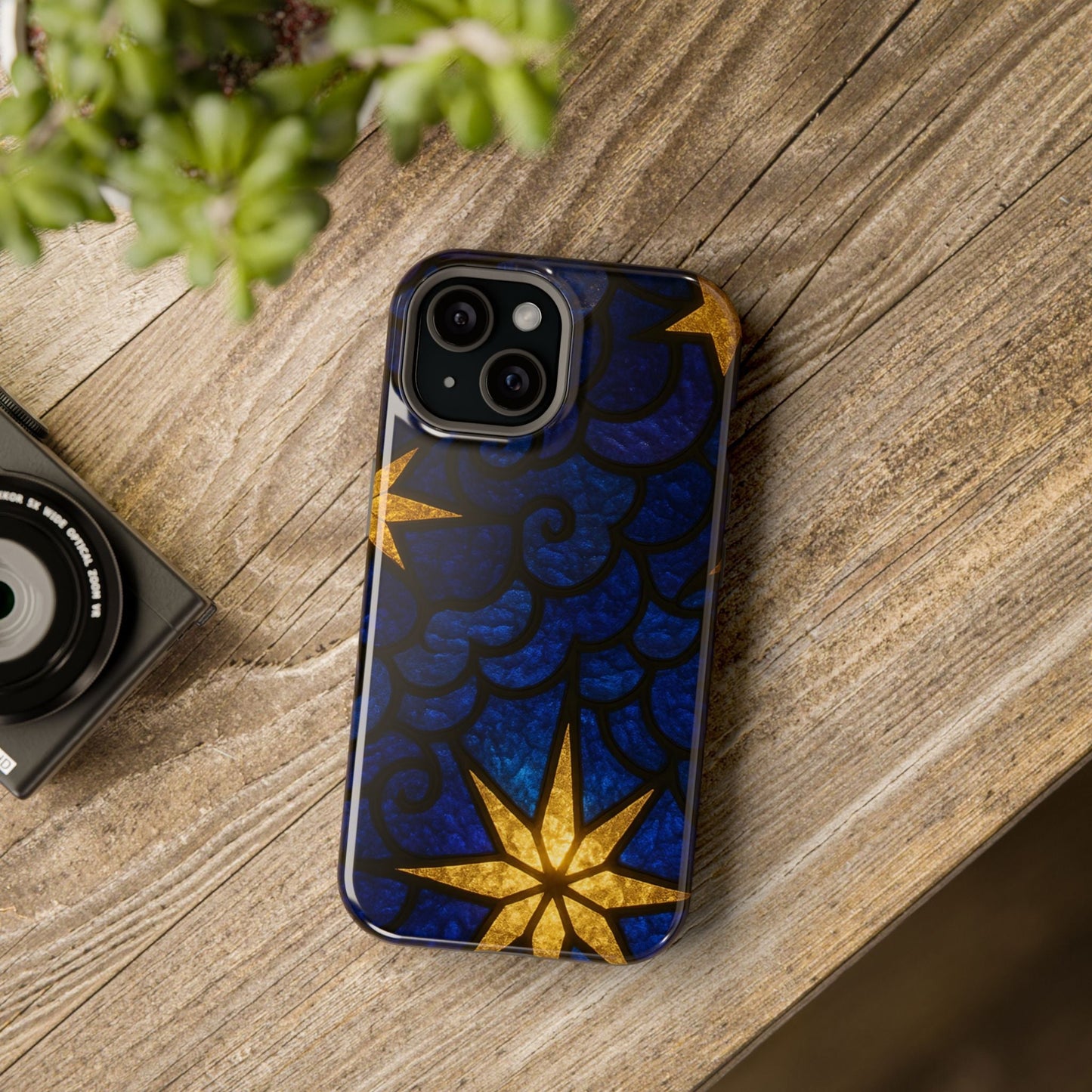 iPhone tough case with golden star design and blue background, glossy finish, MagSafe compatible protective cover
