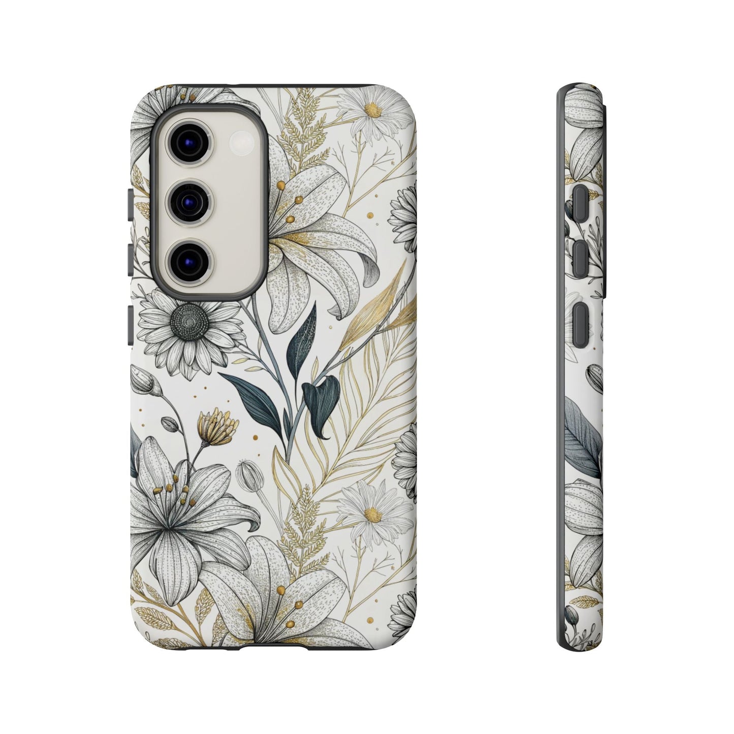 Samsung tough phone case with golden leaf minimalist floral design and durable 3D print protection