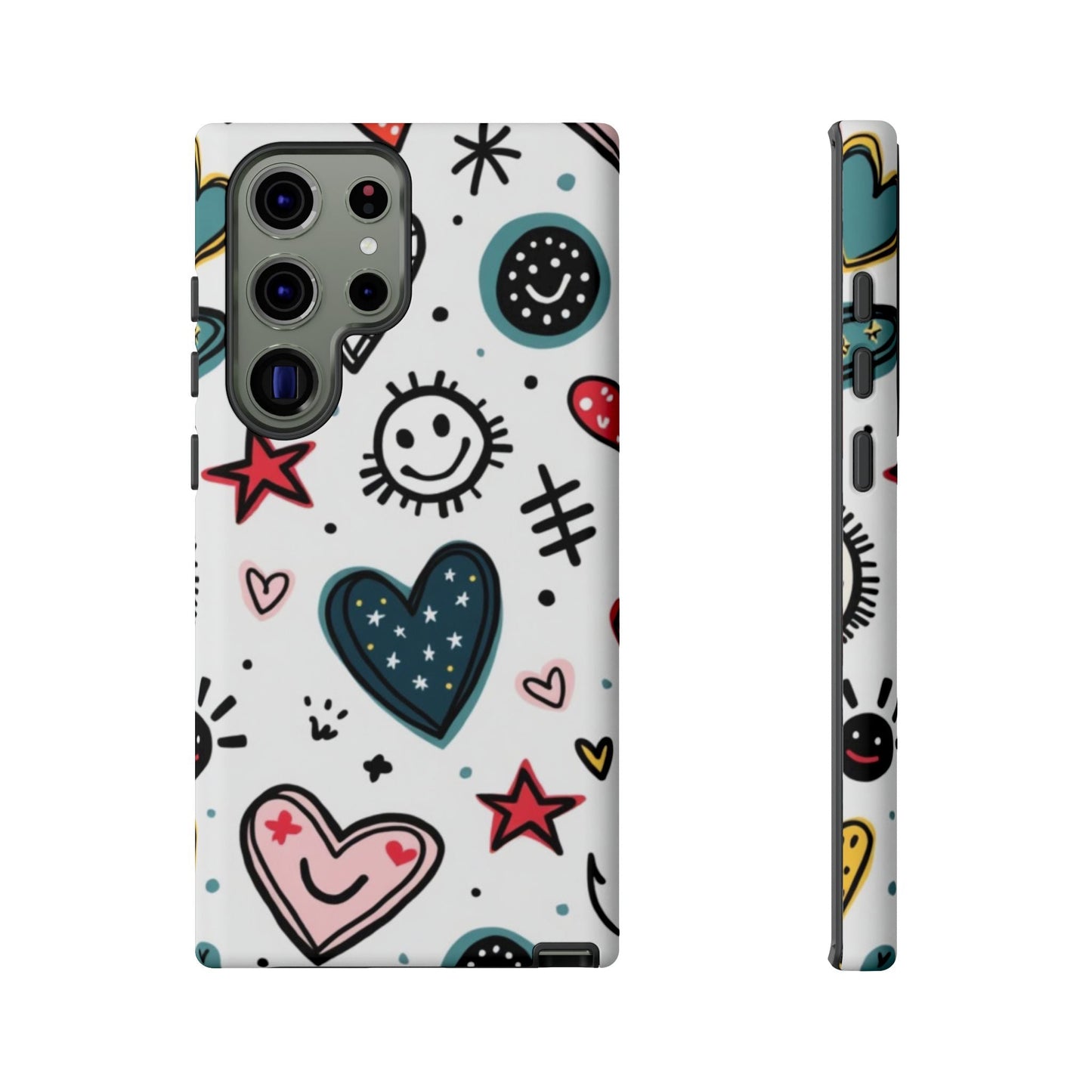 Smiles and Hearts Samsung phone case with colorful hearts and smiley faces design, durable shock-absorbent protection for Samsung Galaxy models