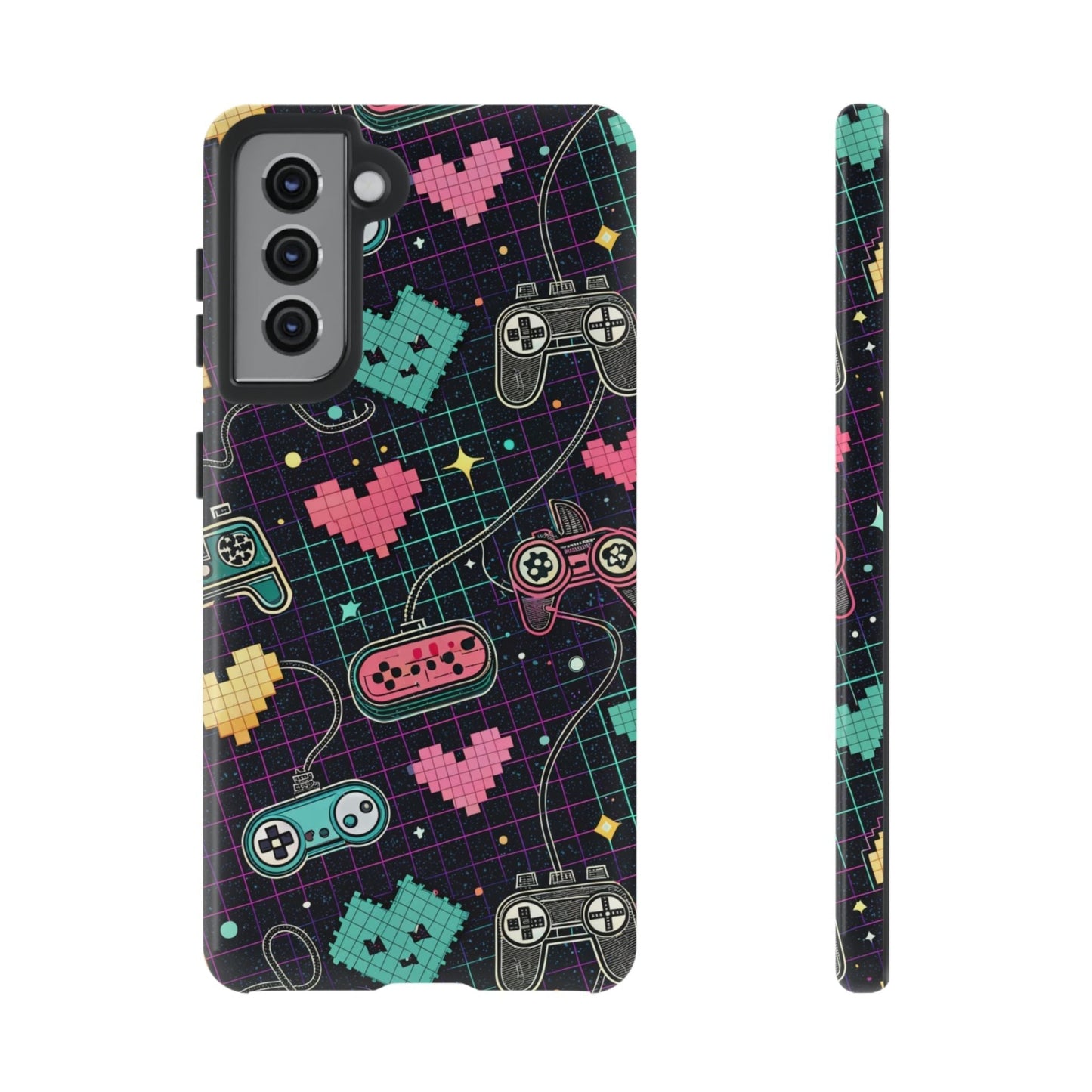 Samsung Galaxy phone case with retro gamer tough case design featuring pixelated hearts and classic game controllers on a black grid background.
