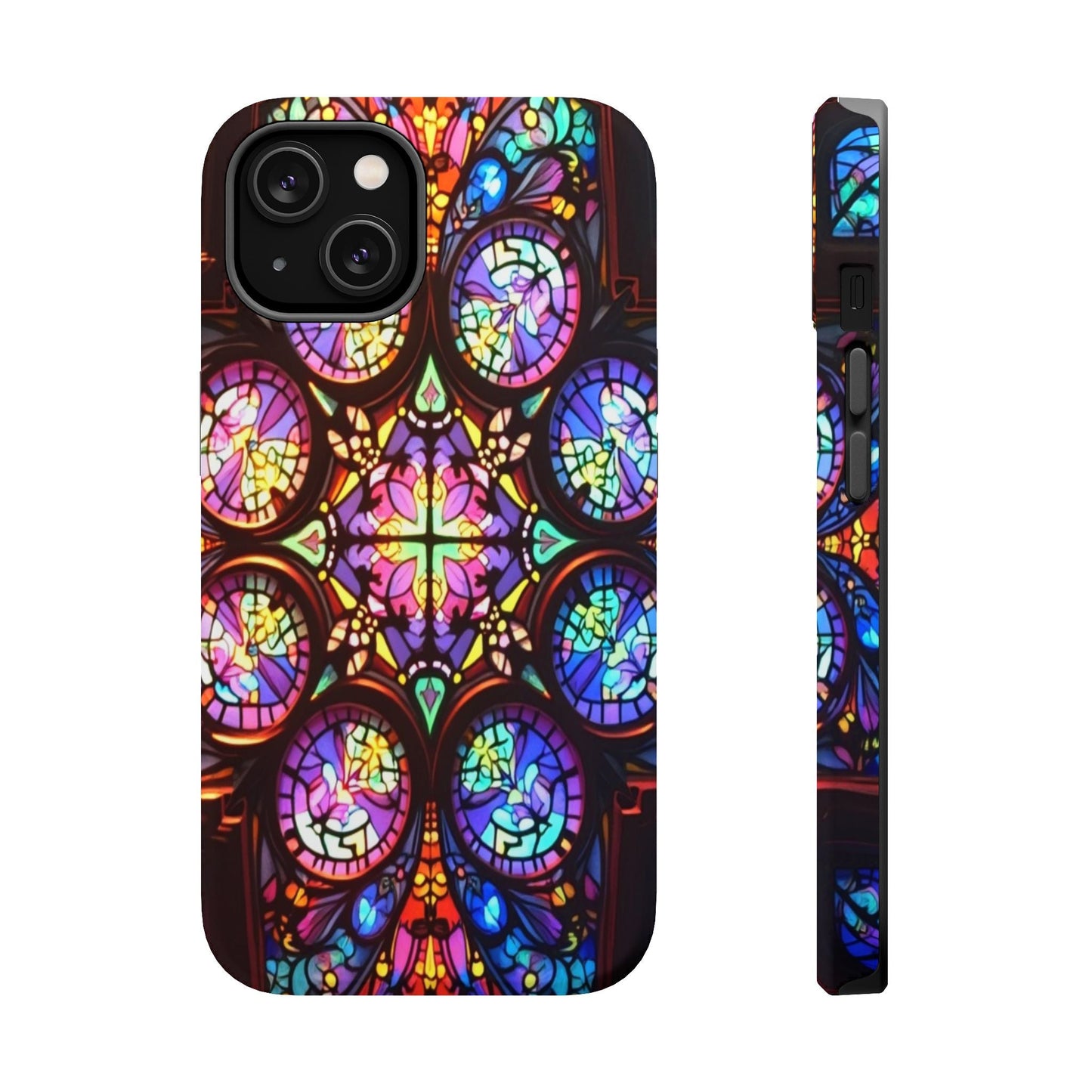 Colorful hypnotic stained glass patterned tough iPhone case with durable polycarbonate and TPU layers, featuring MagSafe magnet and vibrant wrap-around design.
