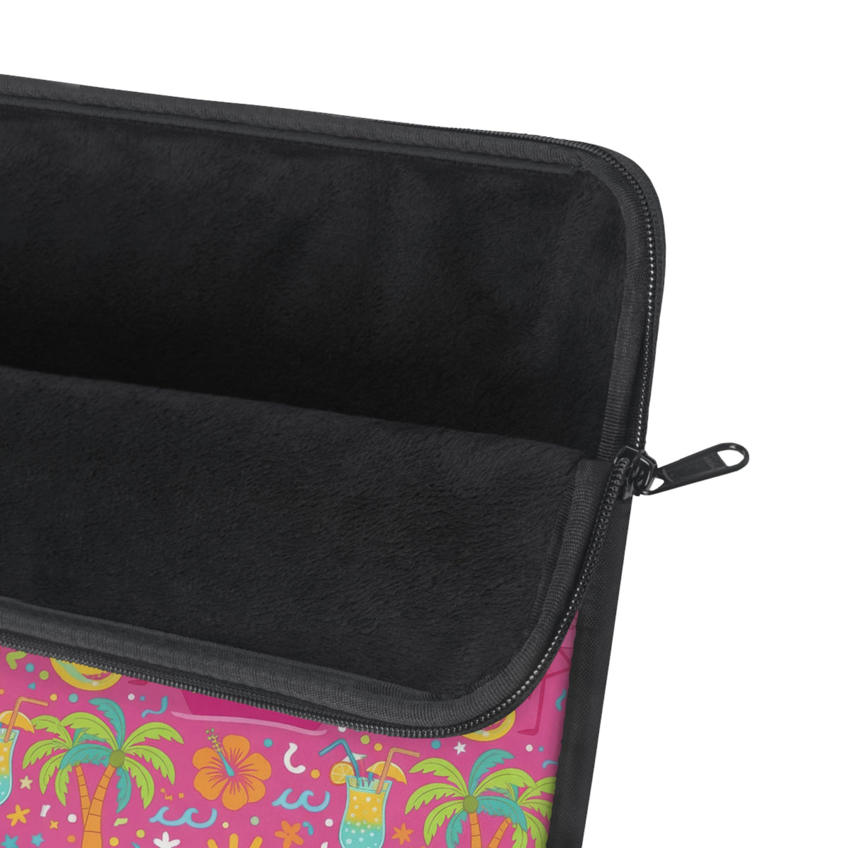 Laptop sleeve with tropical drinks, palm trees, and hibiscus flowers pattern.