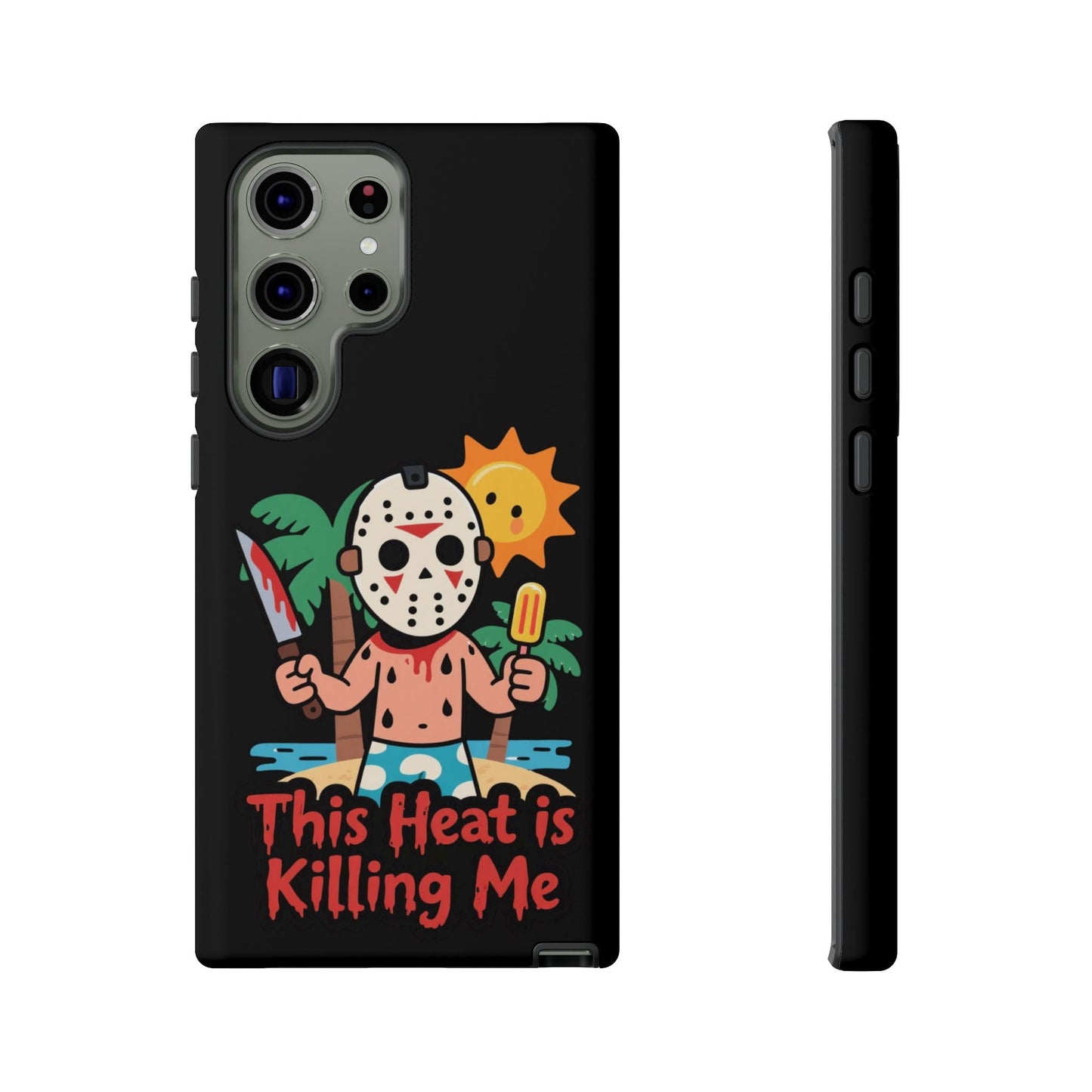 Samsung phone case with Summerween inspired "This Heat is Killing Me" design featuring a cartoon character holding a knife and popsicle under the sun and palm trees