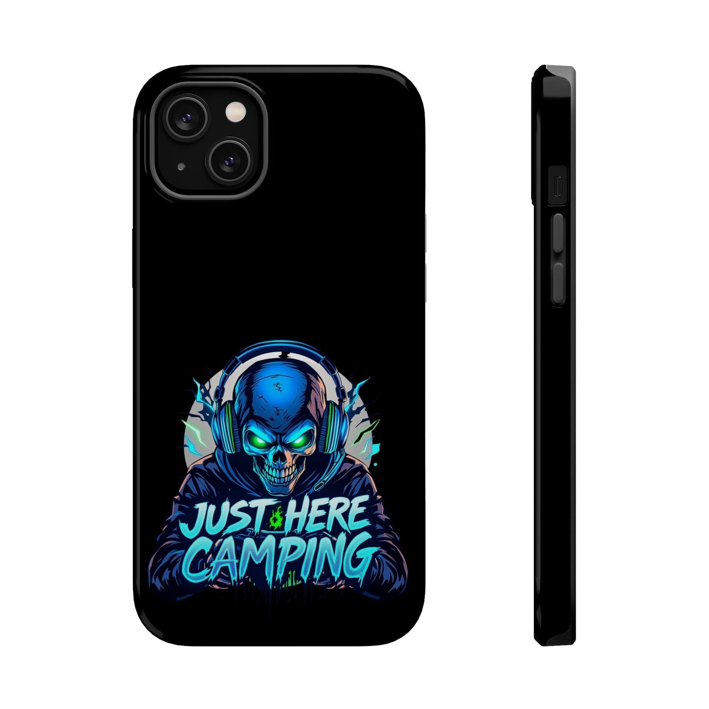 iPhone tough case with Just Here Camping Gamer blue skull design and MagSafe compatibility