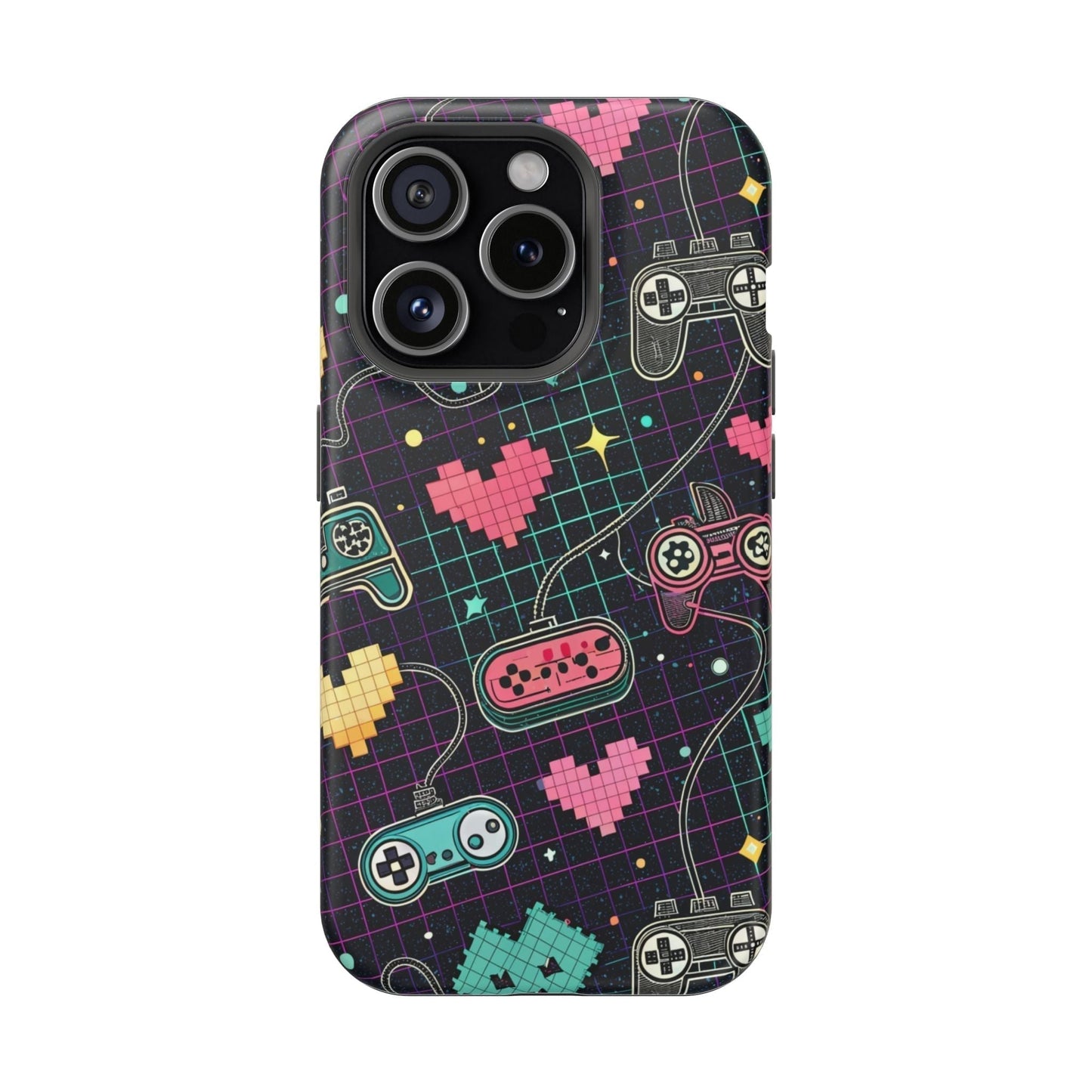 Retro Gamer Inspired durable dual-layer iPhone case with colorful pixelated hearts and classic game controllers design, MagSafe compatible.