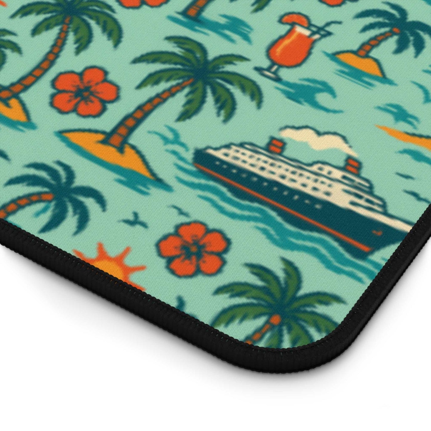 Colorful tropical cruise desk mat with non-slip neoprene surface and hemmed edges