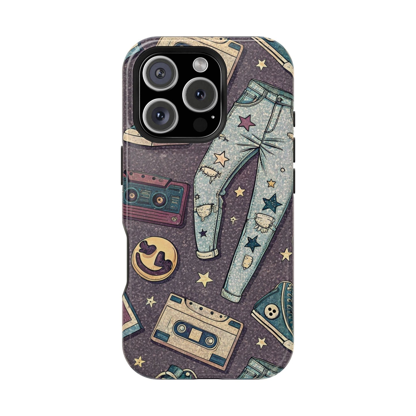 90s grunge cassette tape collage iPhone case with ripped jeans and band logo design, durable protective tough cover with MagSafe compatibility