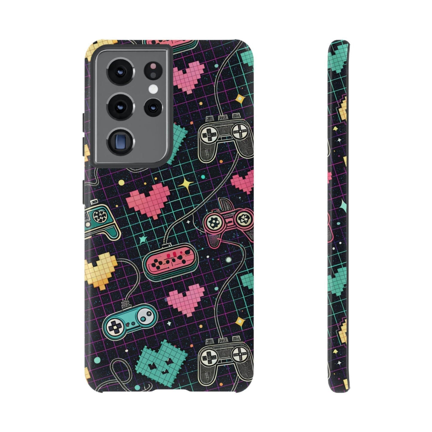 Samsung Galaxy phone case with retro gamer design featuring colorful pixel hearts and vintage game controllers, durable and impact-resistant Retro Gamer Tough Case