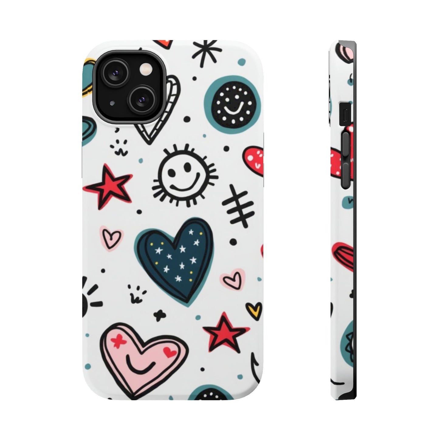 iPhone tough case with colorful cartoon hearts and smiling faces design, durable dual-layer protection with MagSafe compatibility